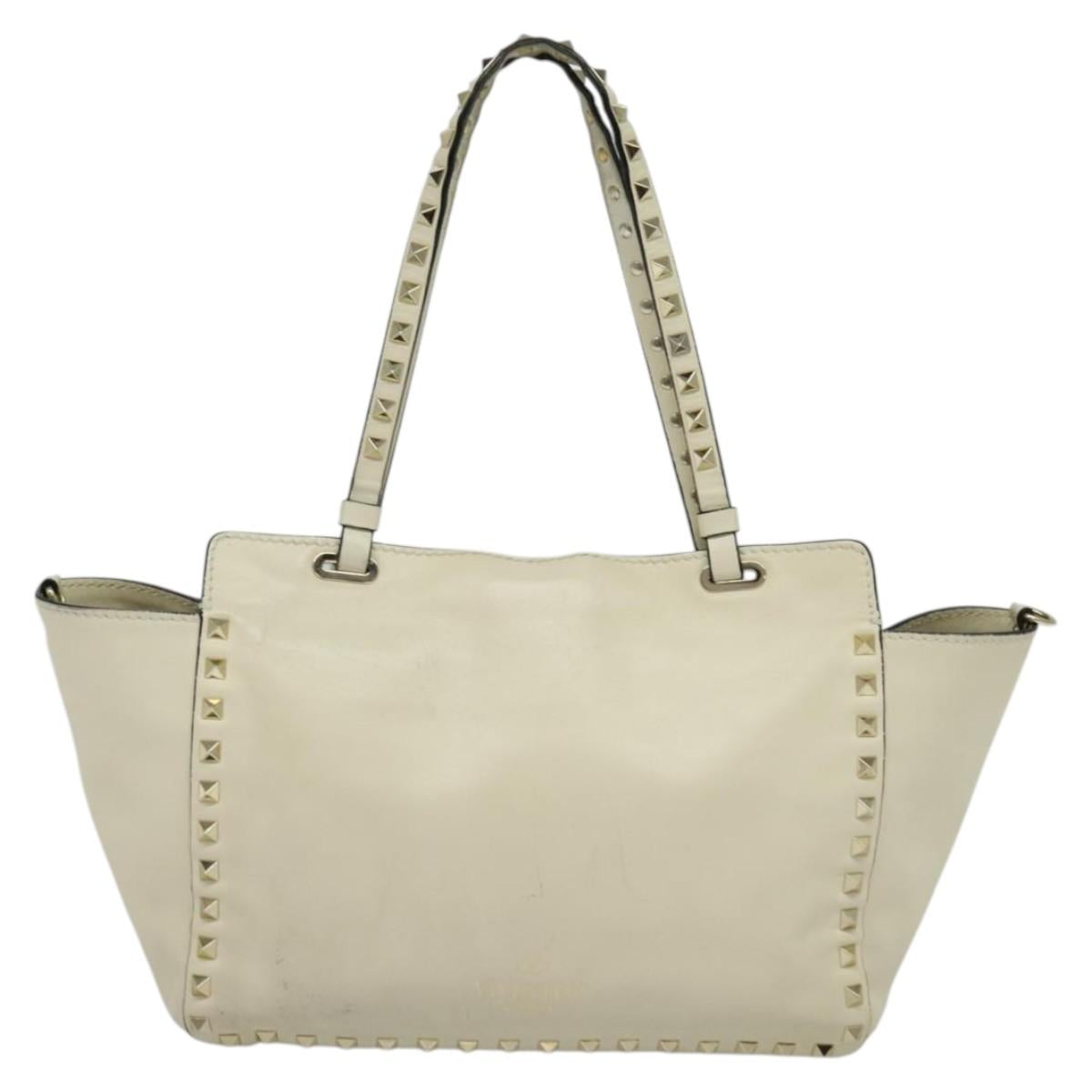 VALENTINO Studs Tote Bag Leather White Gold Auth BA3903