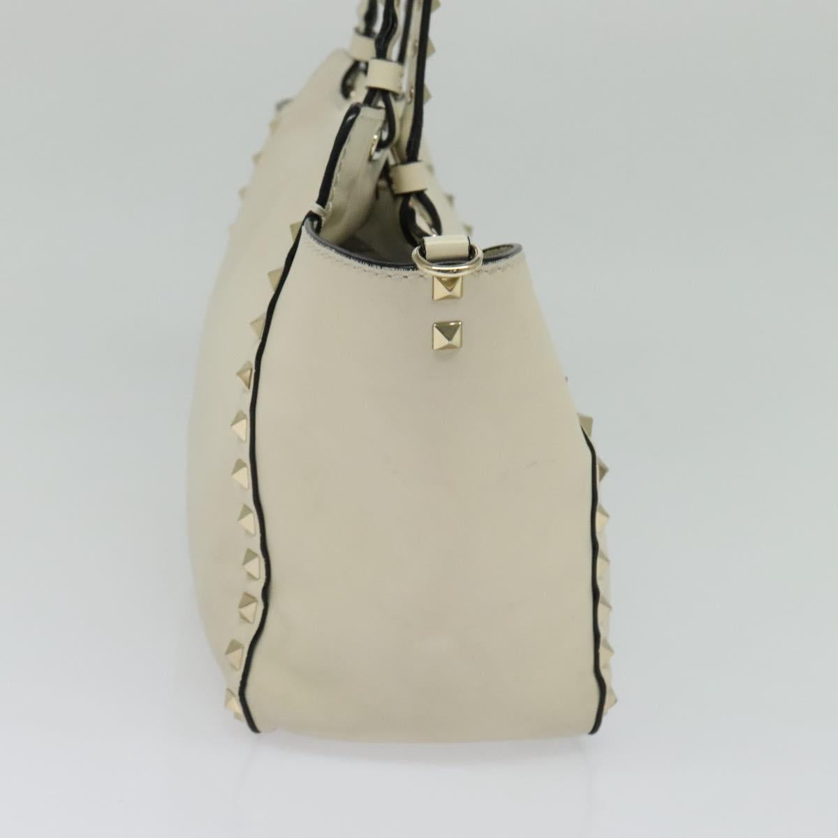 VALENTINO Studs Tote Bag Leather White Gold Auth BA3903