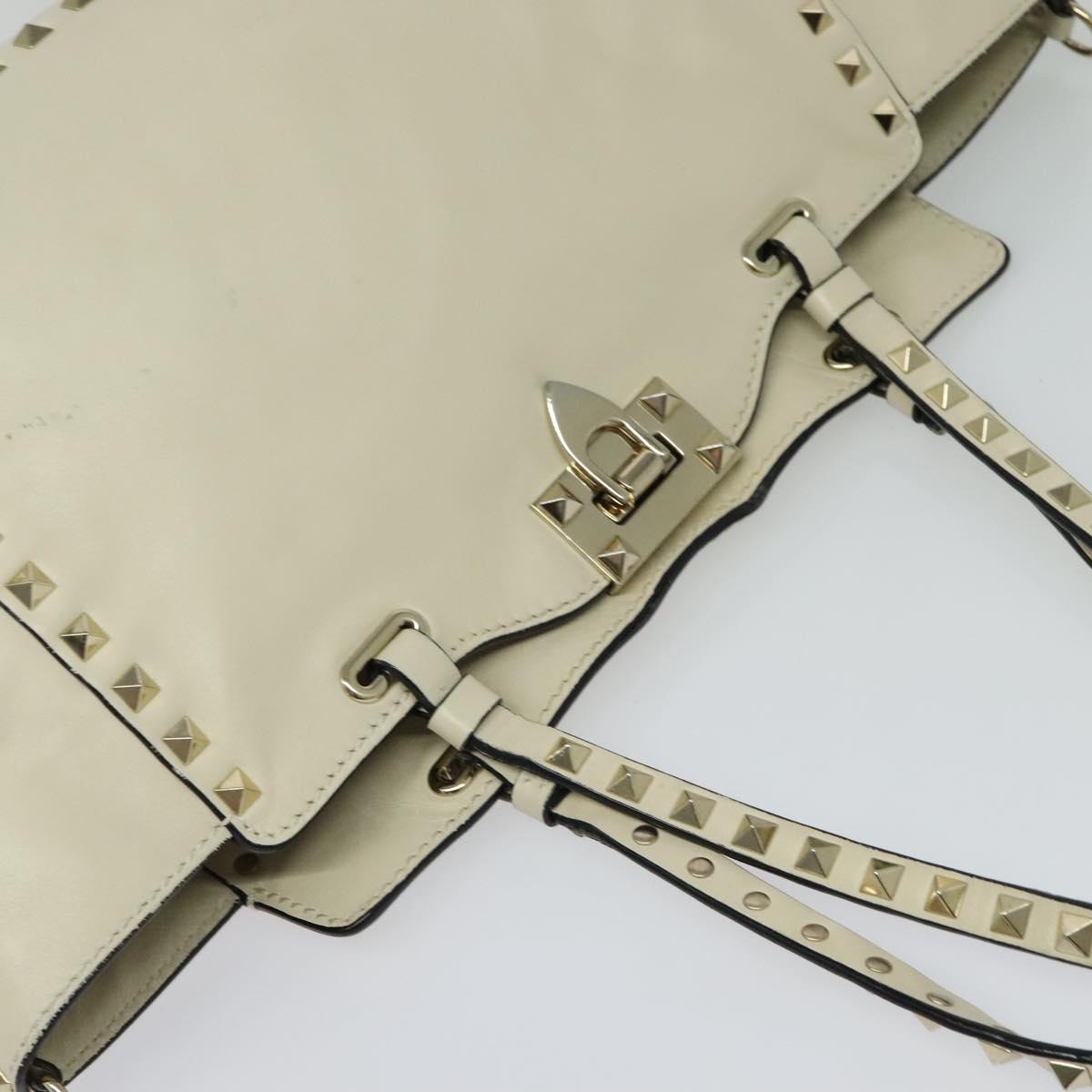 VALENTINO Studs Tote Bag Leather White Gold Auth BA3903