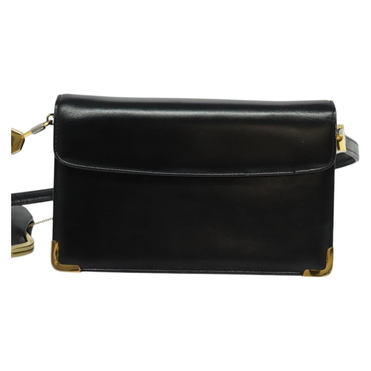 Christian Dior Shoulder Bag Leather Black Gold Auth BA3954