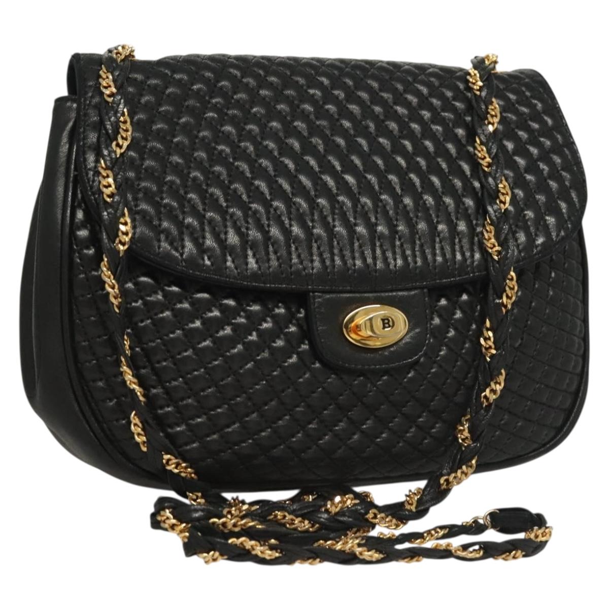 BALLY Quilted Chain Shoulder Bag Leather Black Gold Auth BA3955