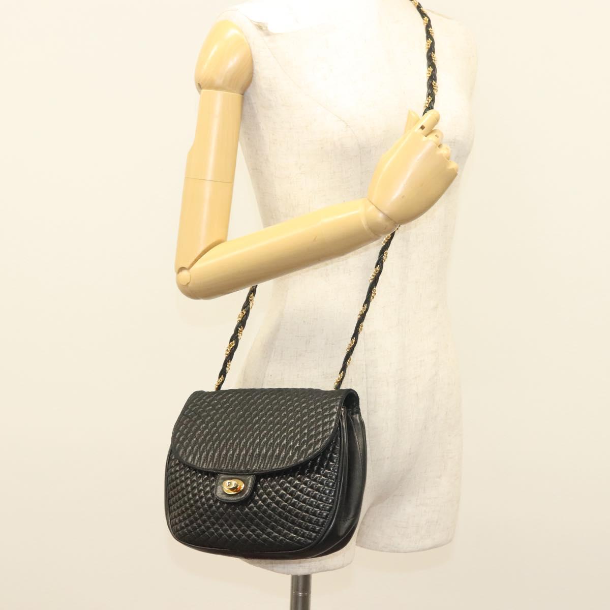 BALLY Quilted Chain Shoulder Bag Leather Black Gold Auth BA3955