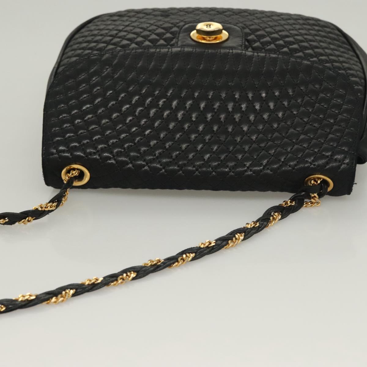 BALLY Quilted Chain Shoulder Bag Leather Black Gold Auth BA3955