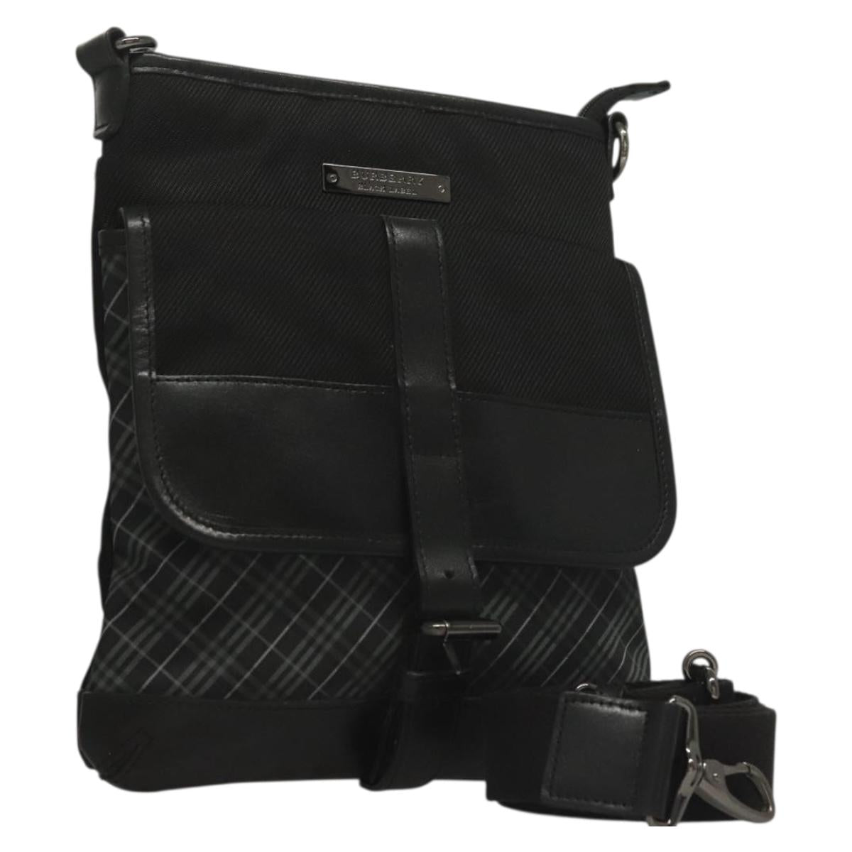BURBERRY Nova Check Black Label Shoulder Bag Nylon Black Silver Auth BA3964