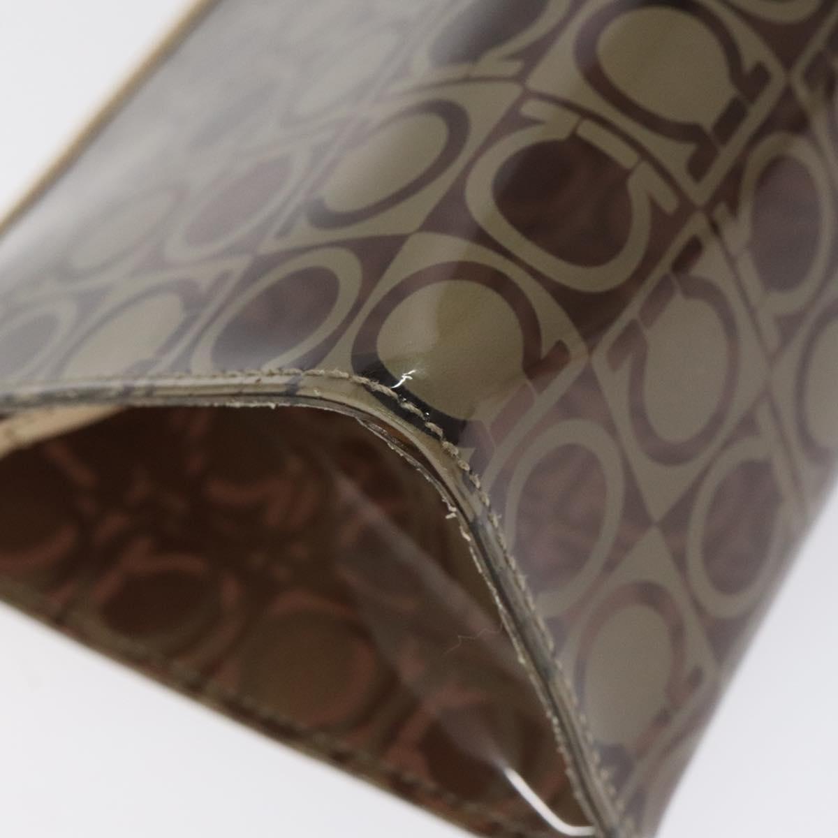 Salvatore Ferragamo Gancini Pouch Vinyl Brown Silver Auth BA3982