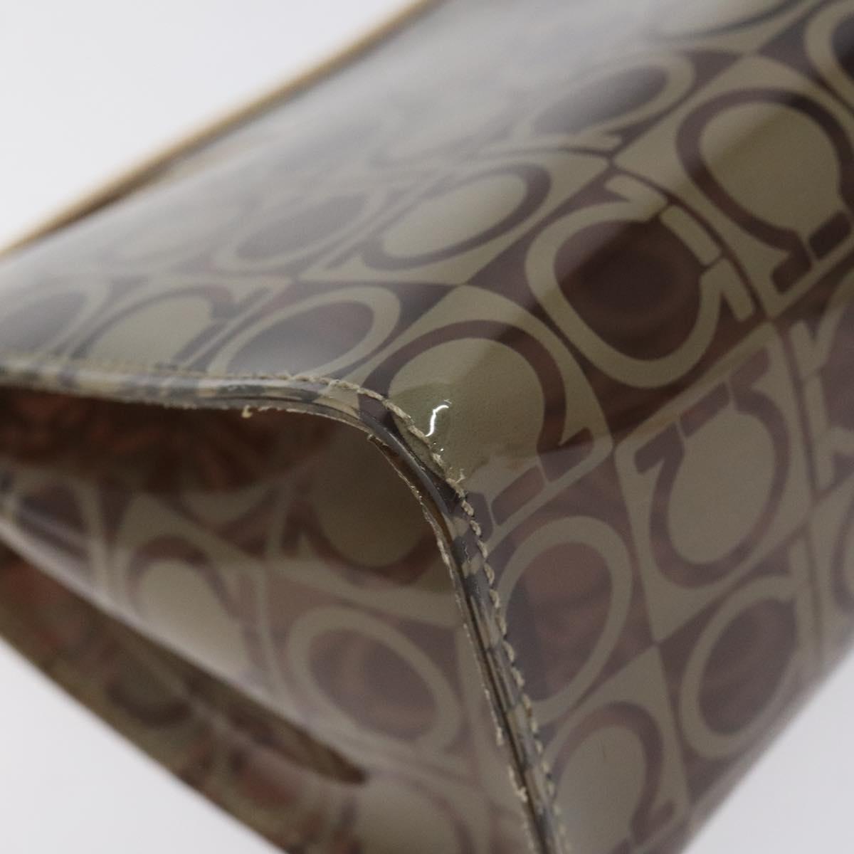Salvatore Ferragamo Gancini Pouch Vinyl Brown Silver Auth BA3982