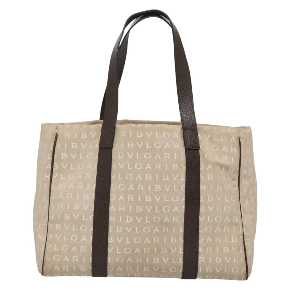 BVLGARI Logo Mania Tote Bag Canvas Beige Auth BA3987