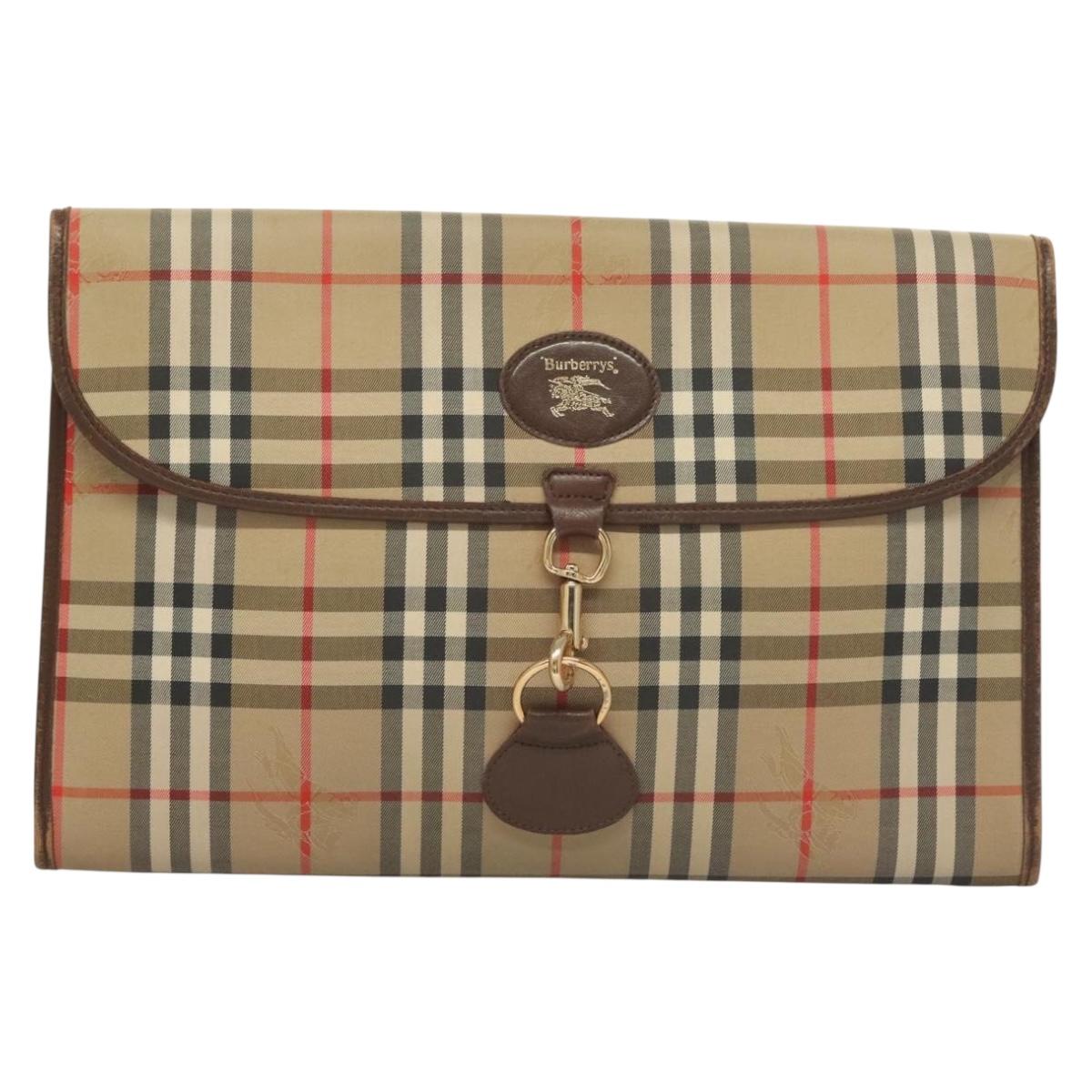 Burberrys Nova Check Document Case Clutch Bag Canvas Beige Gold Auth BA3988