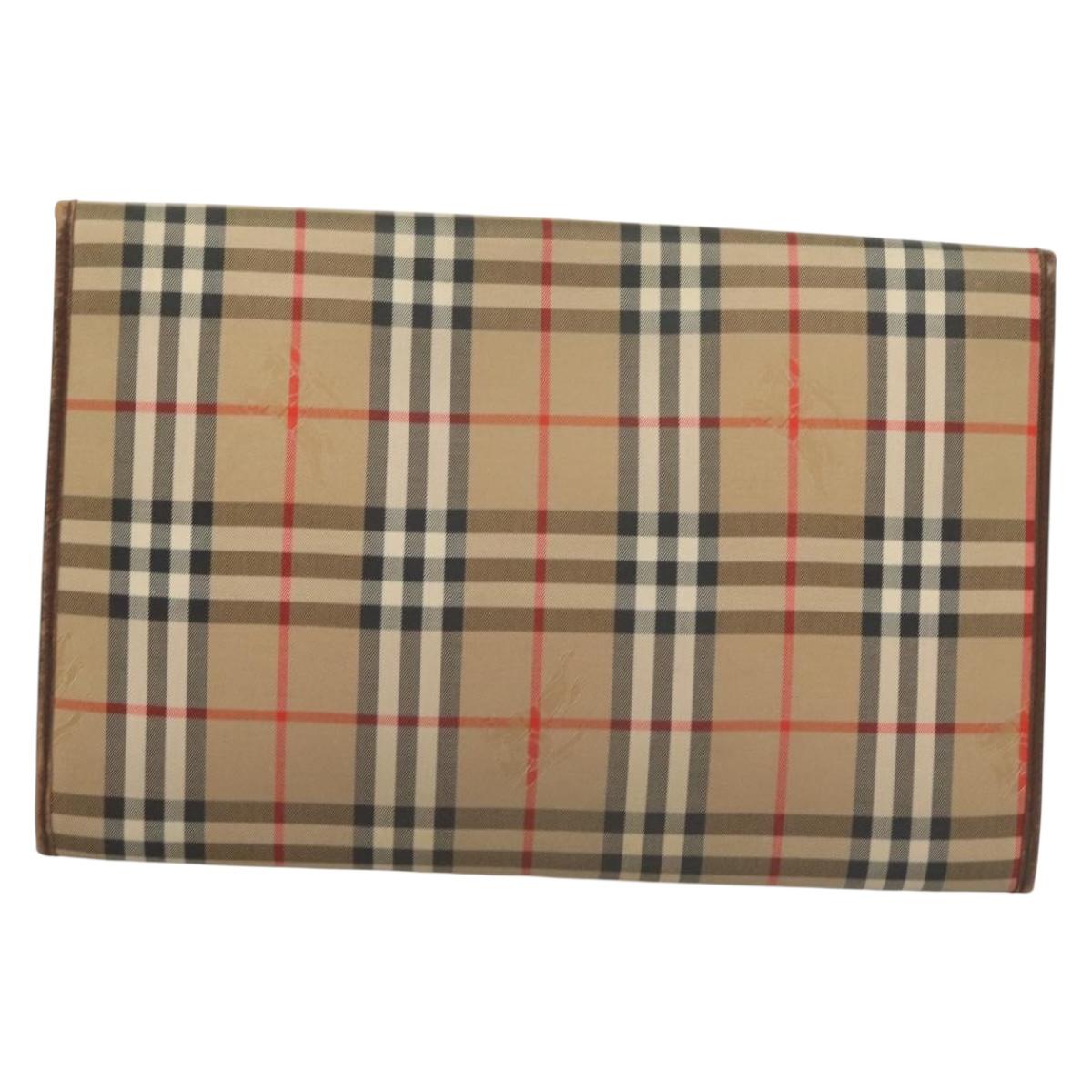 Burberrys Nova Check Document Case Clutch Bag Canvas Beige Gold Auth BA3988