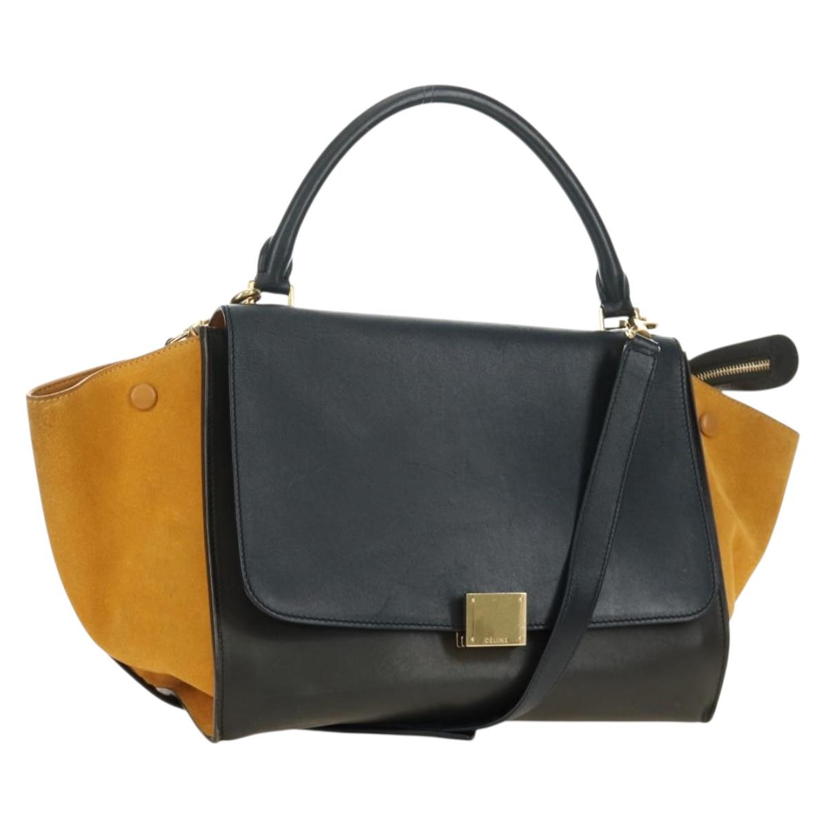 CELINE Trapeze Hand Bag Leather 2way Navy Gold Auth BA400