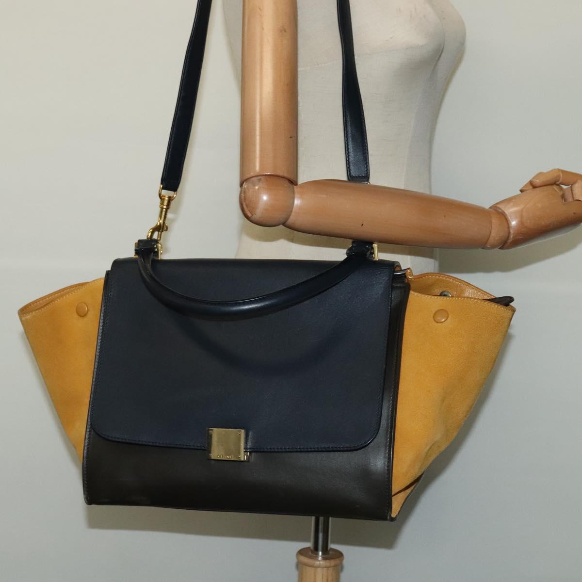 CELINE Trapeze Hand Bag Leather 2way Navy Gold Auth BA400