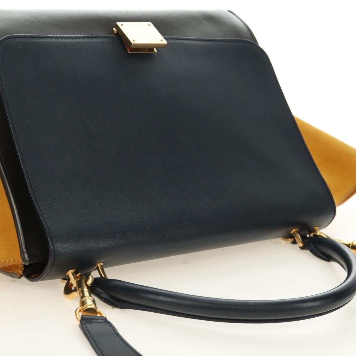 CELINE Trapeze Hand Bag Leather 2way Navy Gold Auth BA400