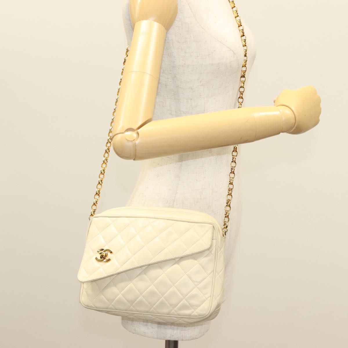 CHANEL Matelasse Chain Shoulder Bag Lamb Skin White Gold CC Auth BA4005