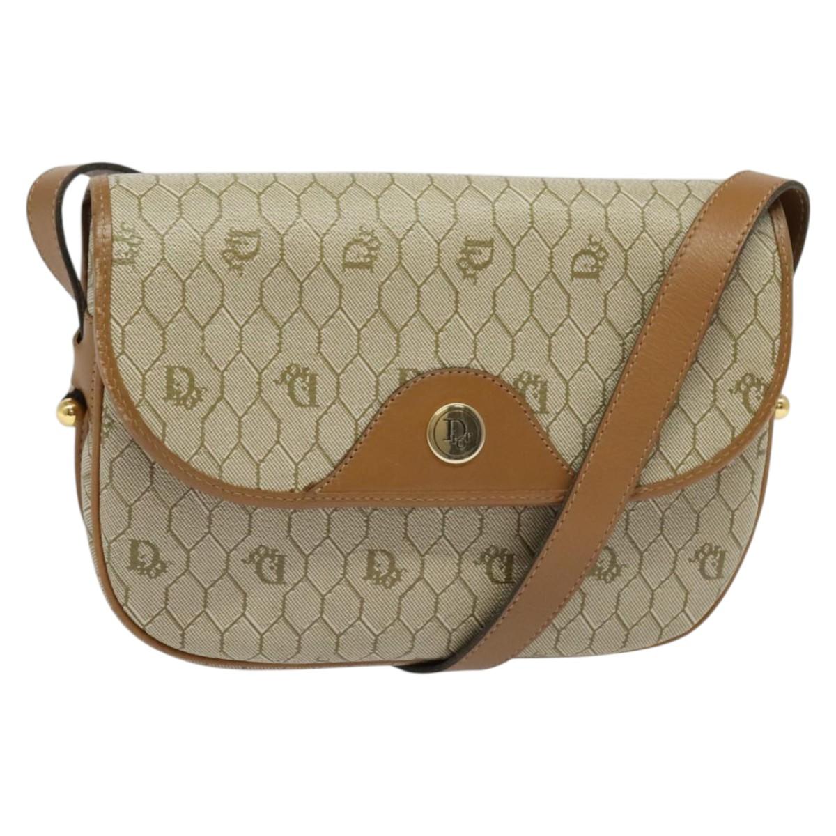 Christian Dior Honeycomb Canvas Shoulder Bag PVC Beige Gold Auth BA4036
