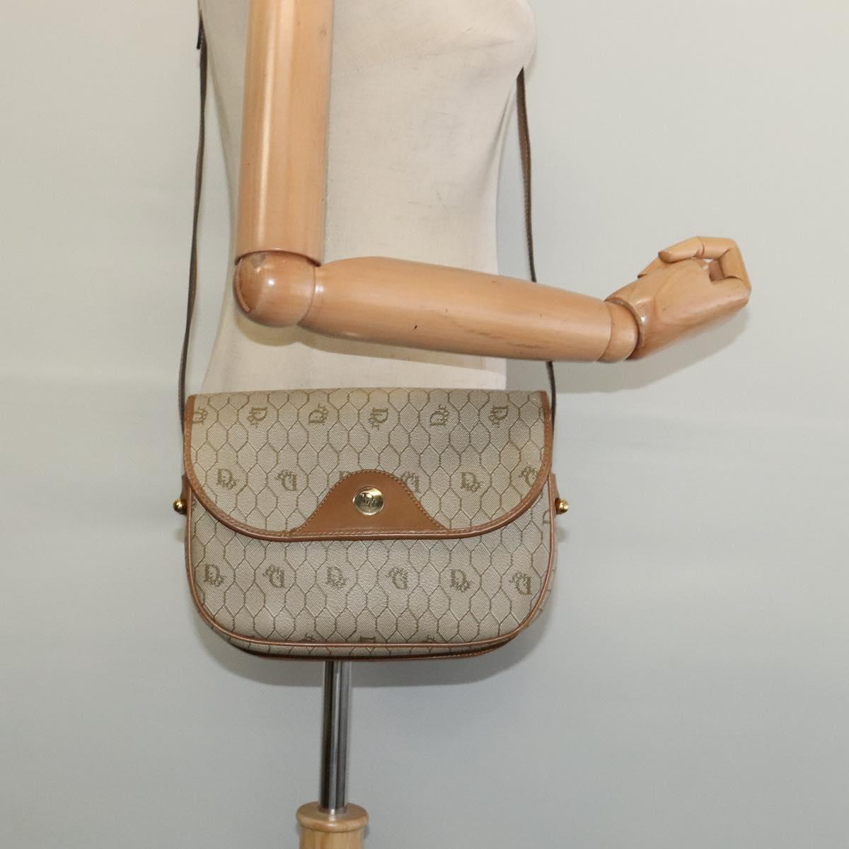 Christian Dior Honeycomb Canvas Shoulder Bag PVC Beige Gold Auth BA4036