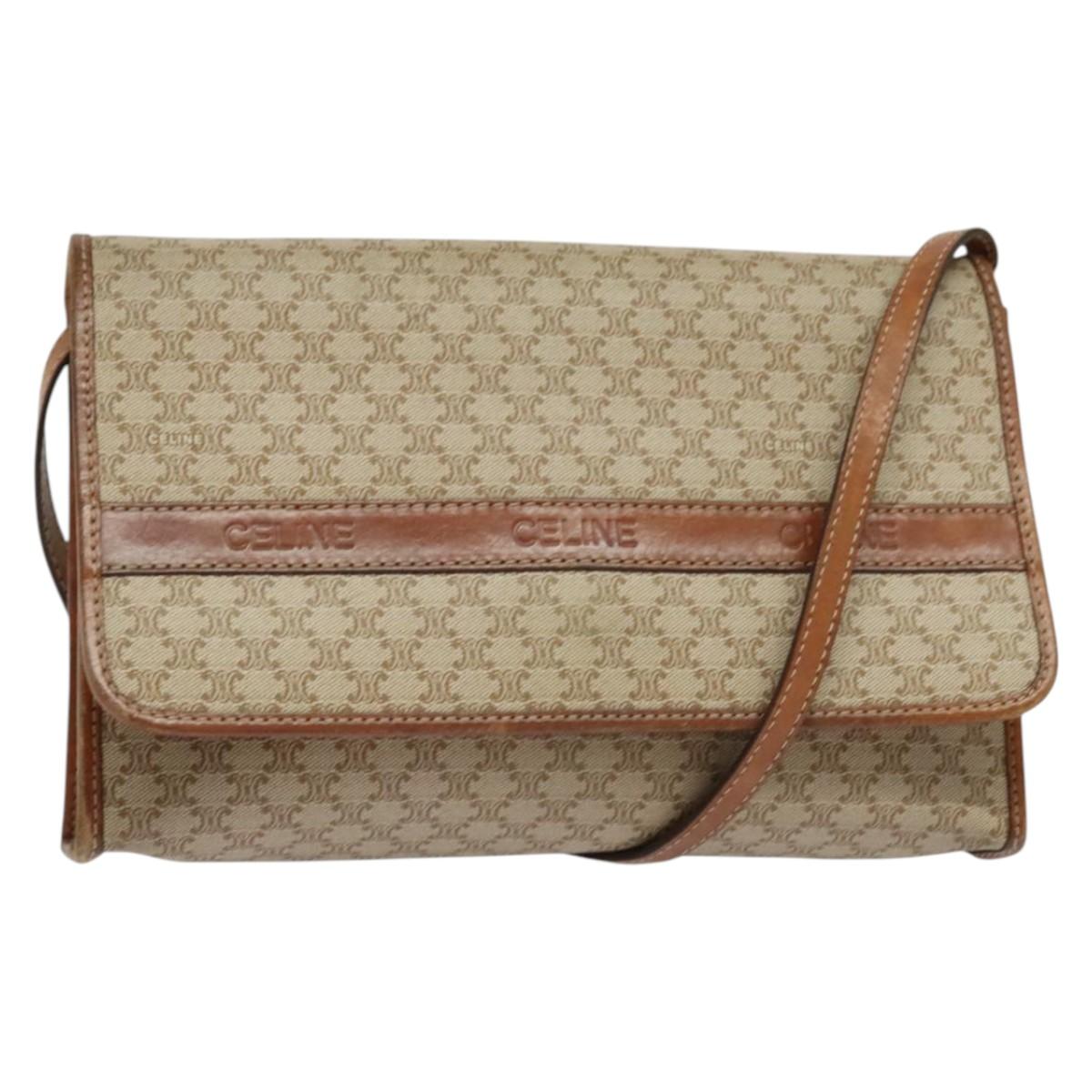 CELINE Macadam Canvas Shoulder Bag PVC Beige Gold Auth BA4128