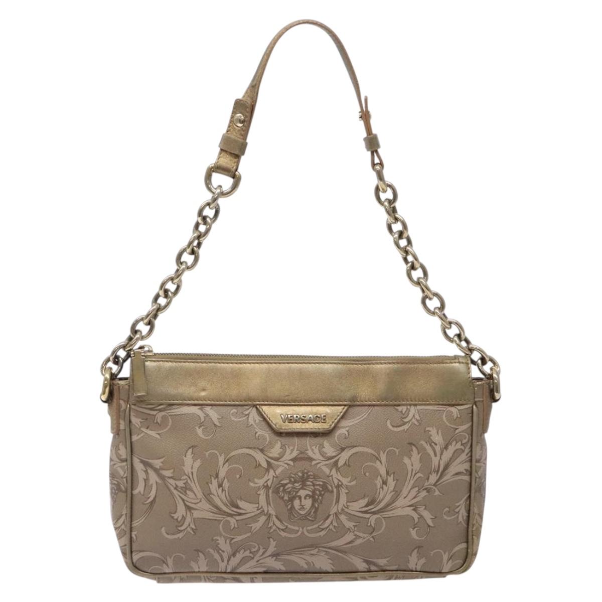 VERSACE Chain Shoulder Bag PVC Canvas Beige Gold Auth BA4156