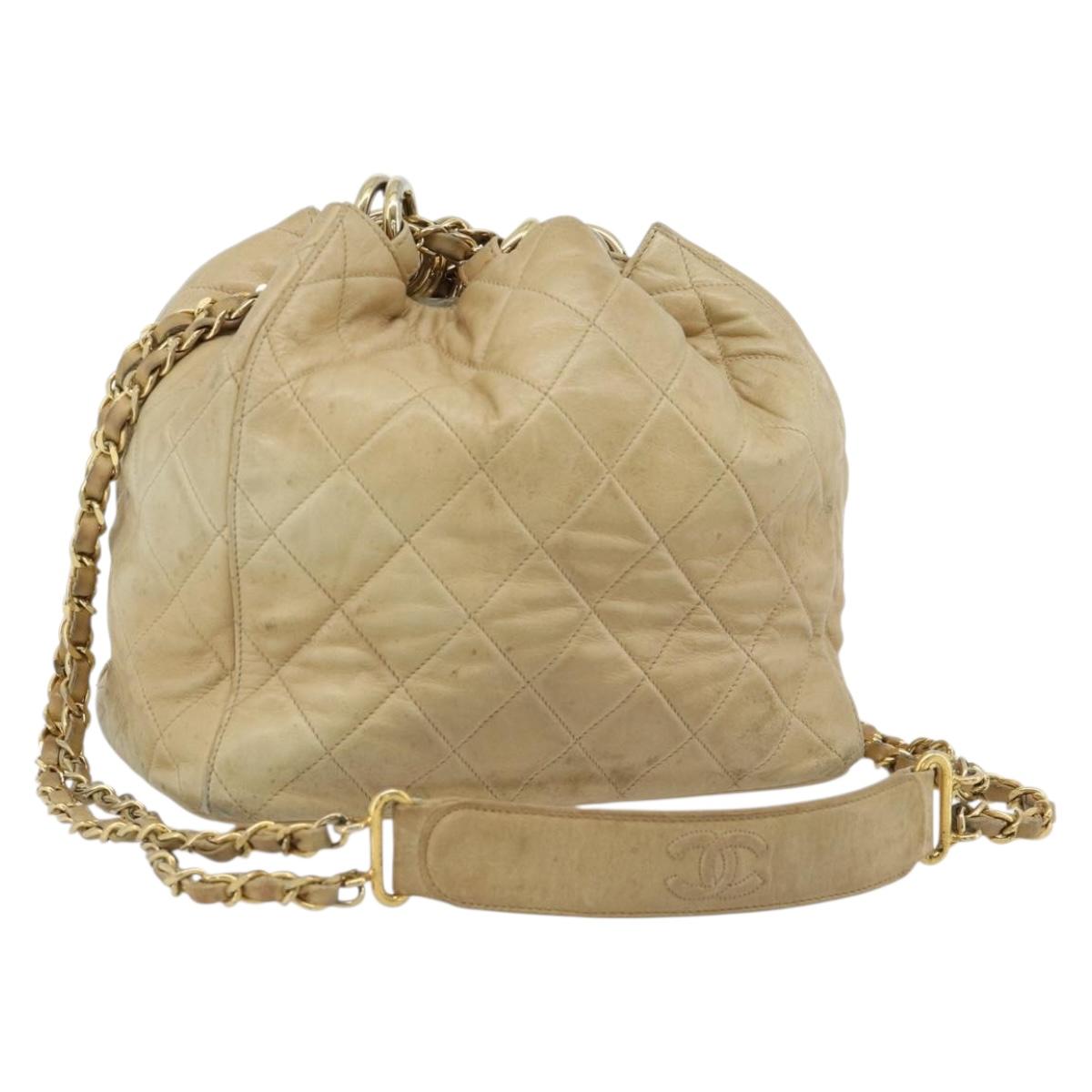 CHANEL Matelasse Chain Shoulder Bag Lamb Skin Beige Gold CC Auth BA4158