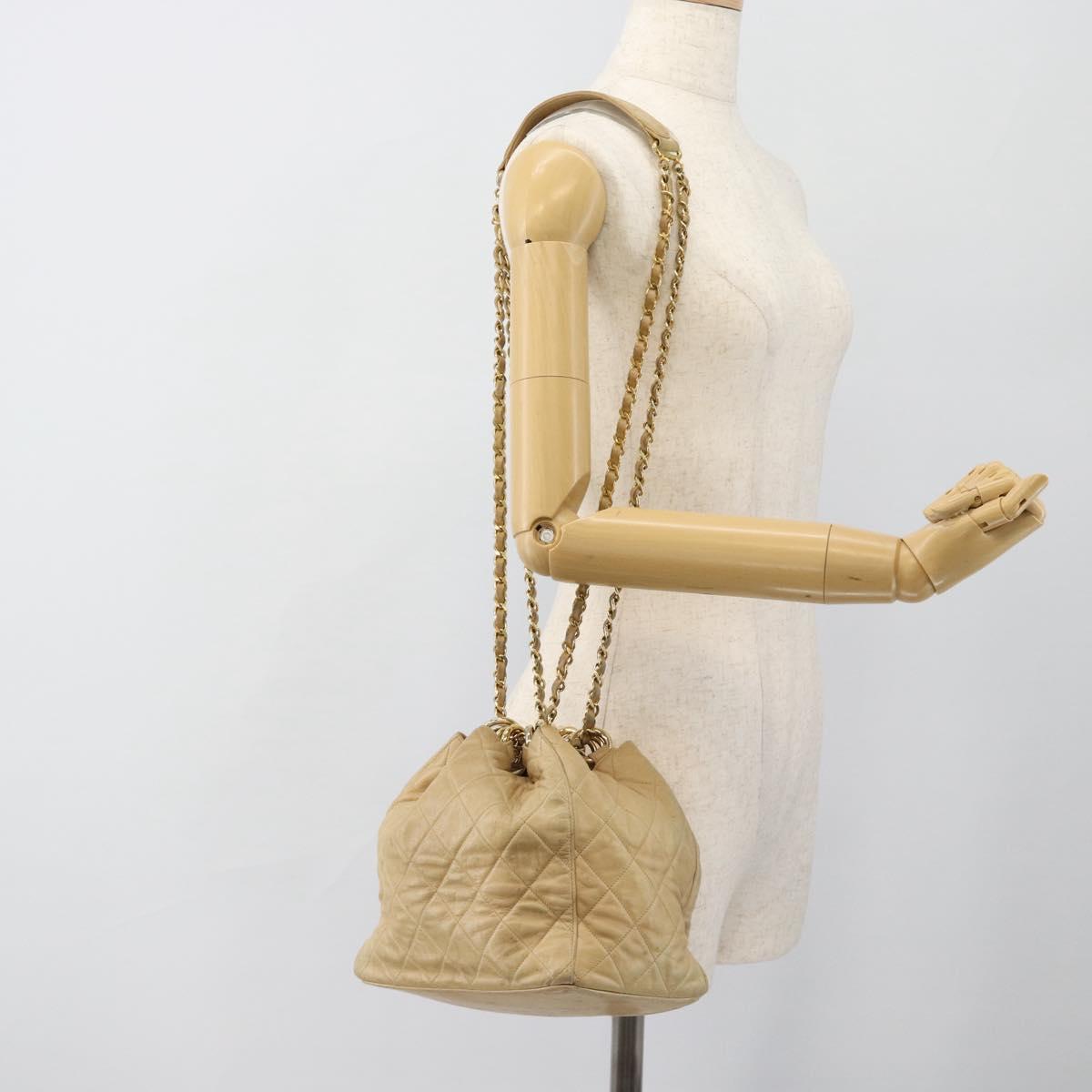 CHANEL Matelasse Chain Shoulder Bag Lamb Skin Beige Gold CC Auth BA4158