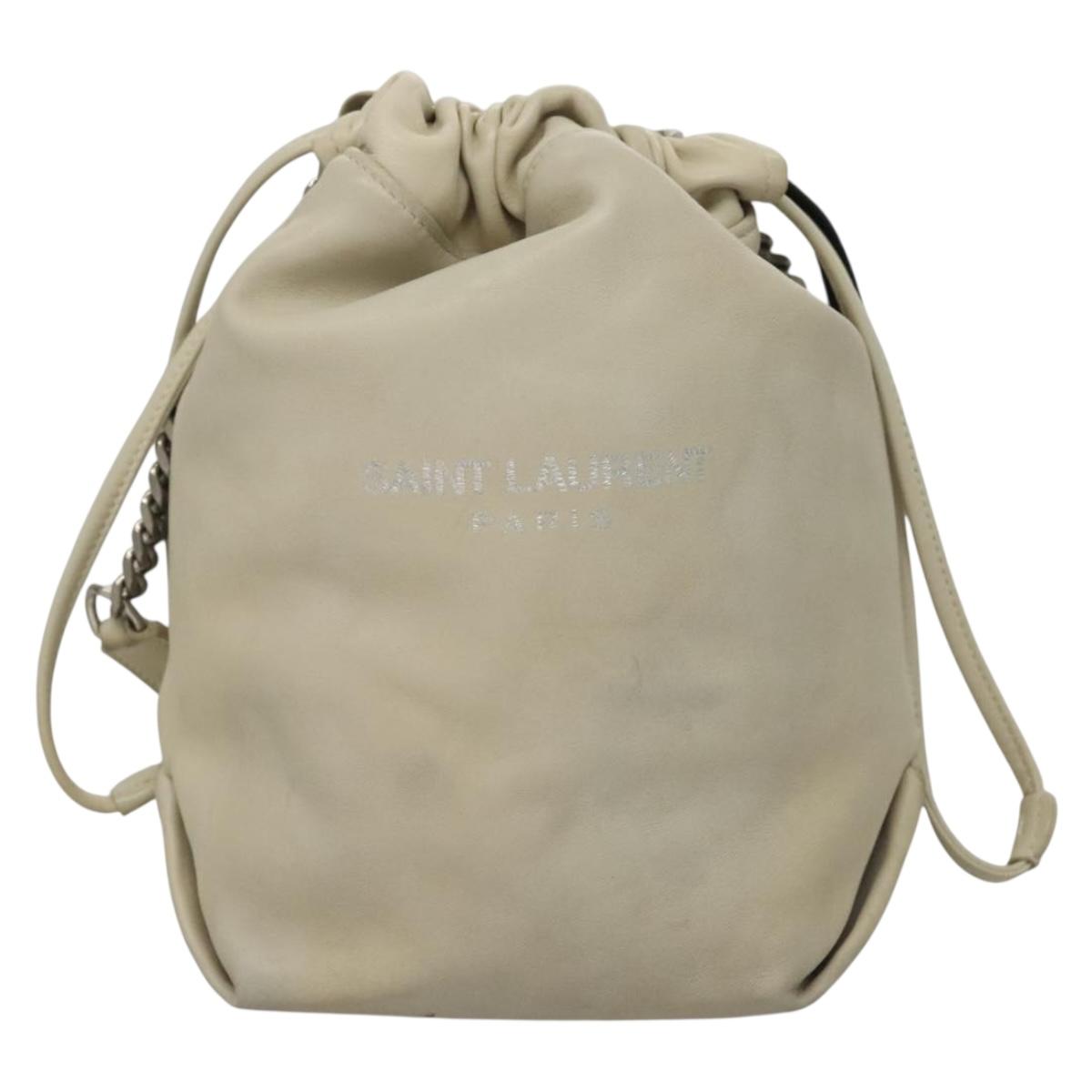 SAINT LAURENT Chain Teddy Small Shoulder Bag Leather White Silver Auth BA4161