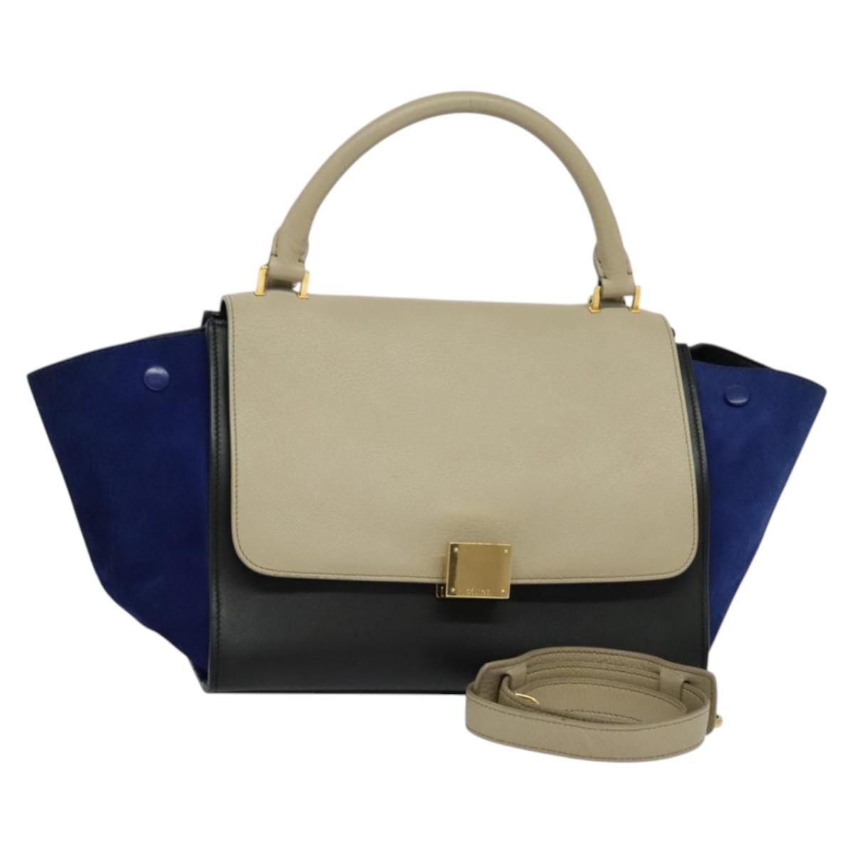 CELINE Trapeze Hand Bag Leather 2way Beige Gold Auth BA4167