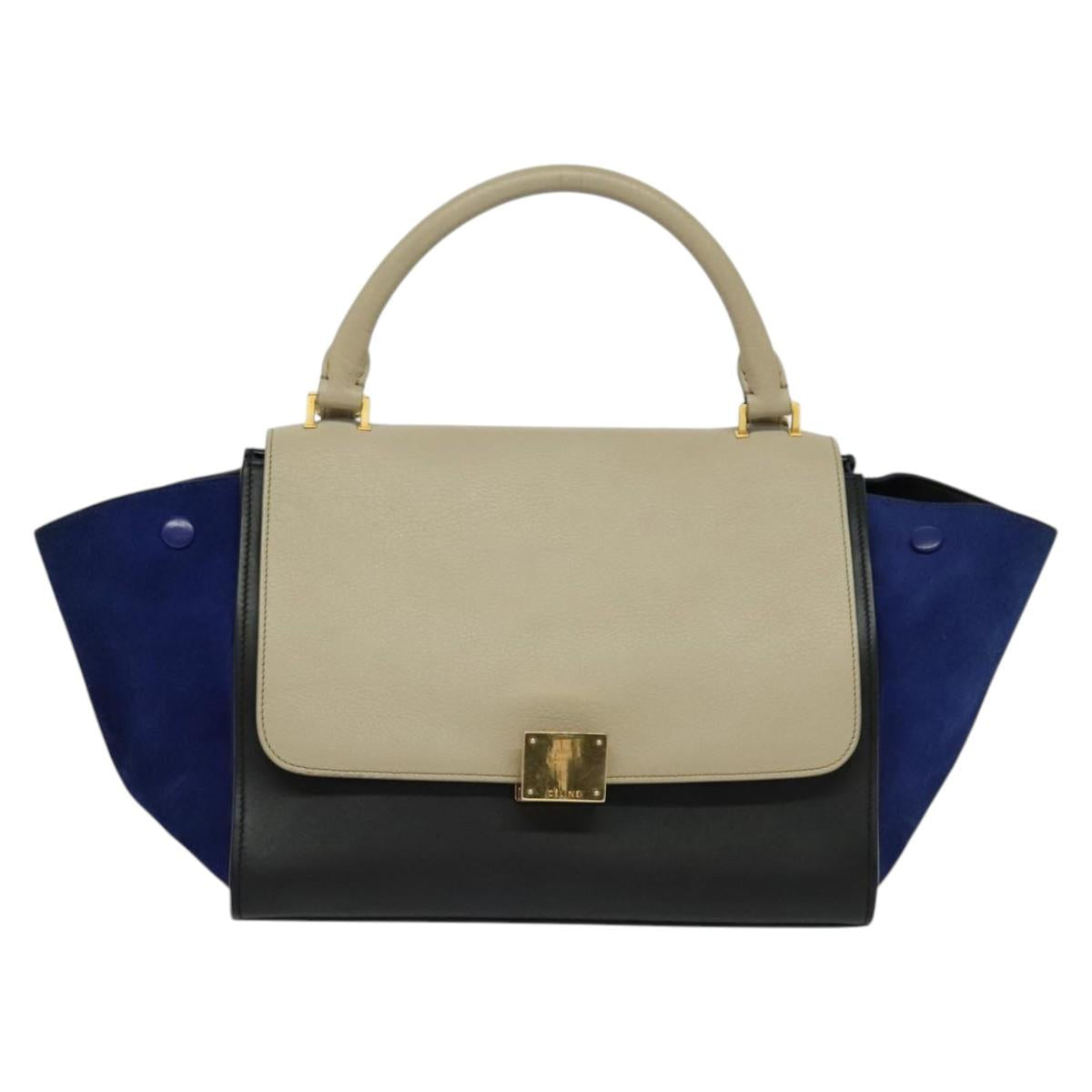 CELINE Trapeze Hand Bag Leather 2way Beige Gold Auth BA4167