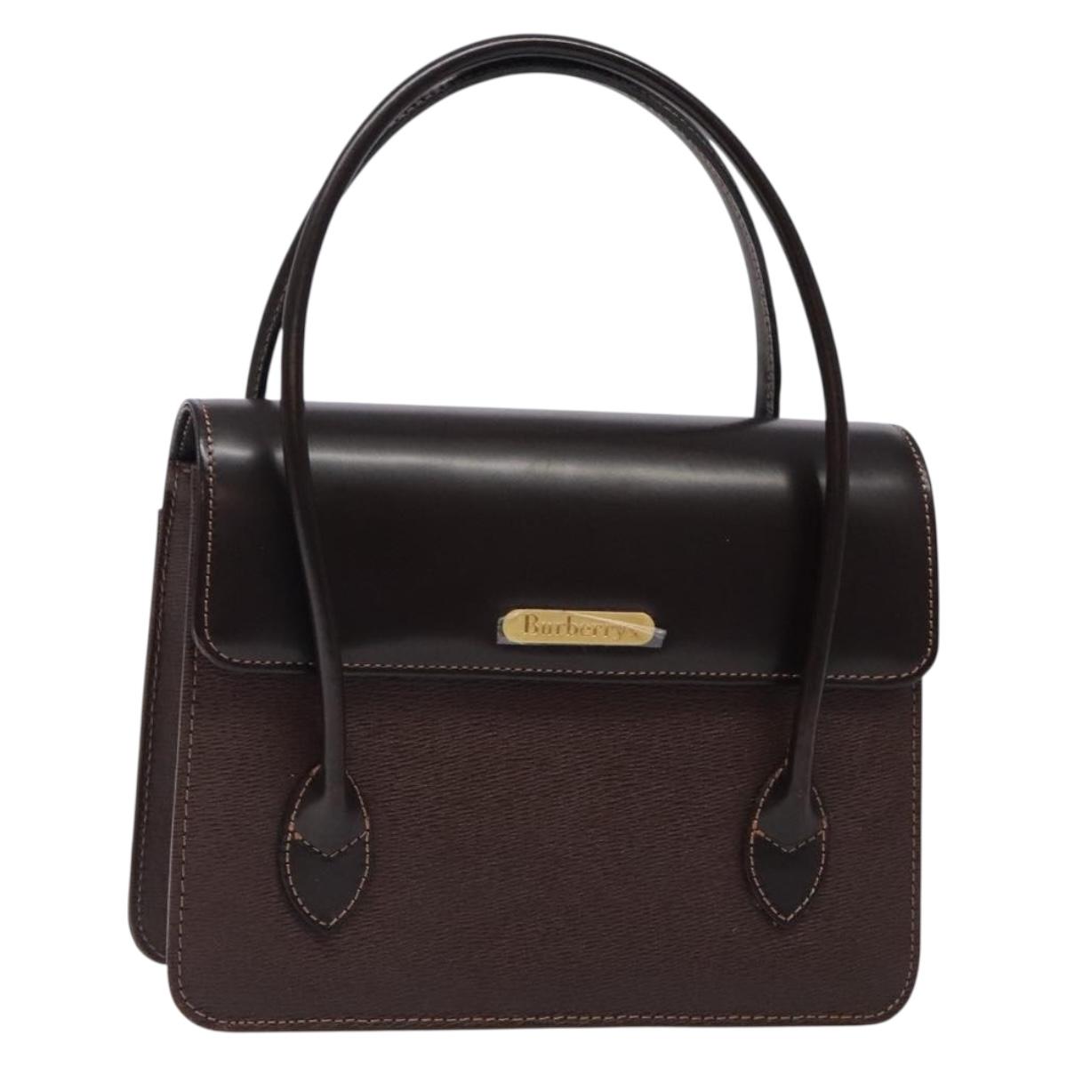 Burberrys Hand Bag Leather Dark Brown Gold Auth BA4181