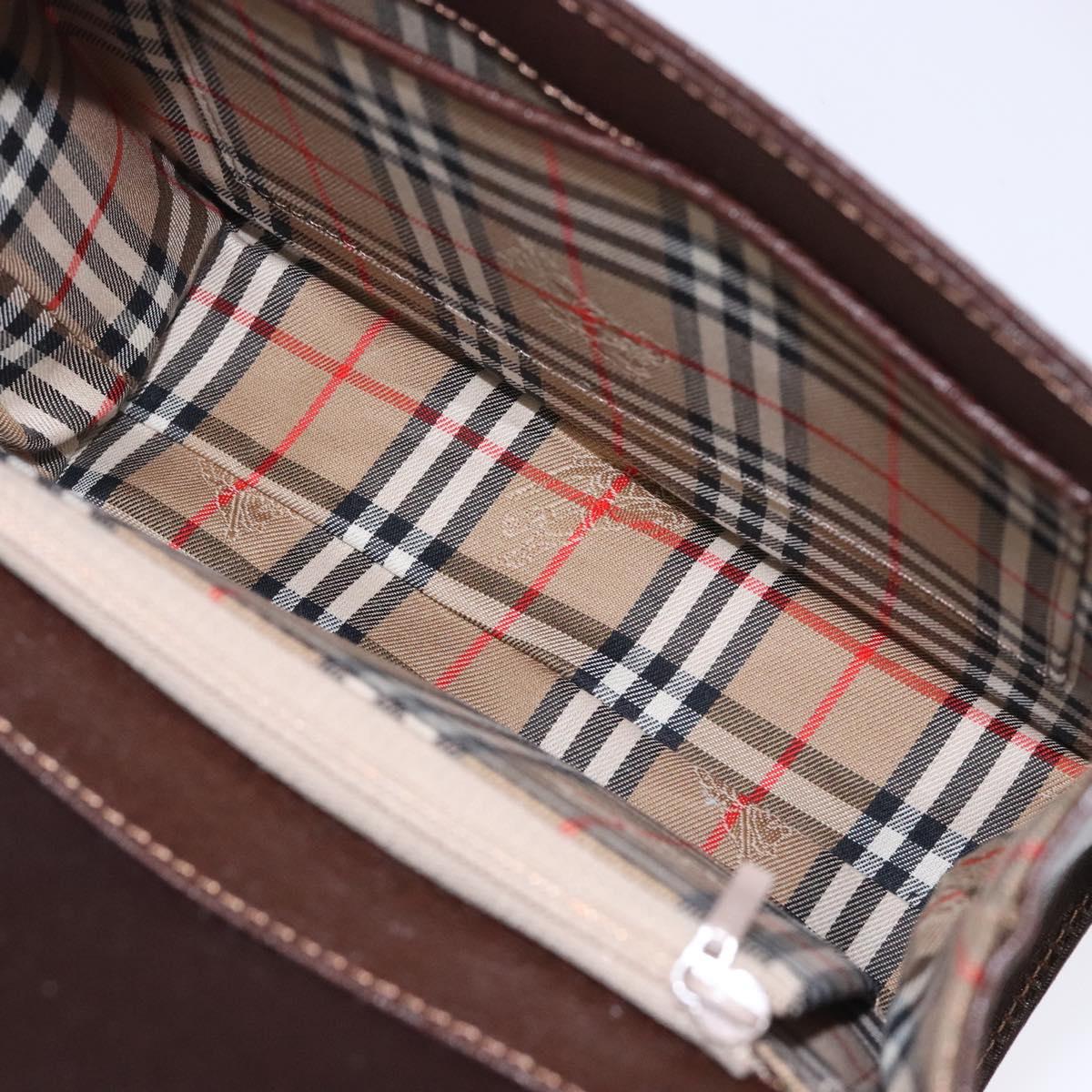 Burberrys Hand Bag Leather Dark Brown Gold Auth BA4181