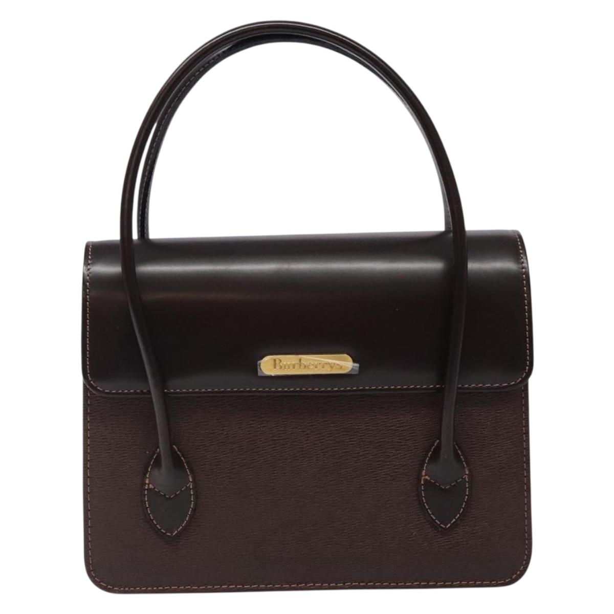 Burberrys Hand Bag Leather Dark Brown Gold Auth BA4181