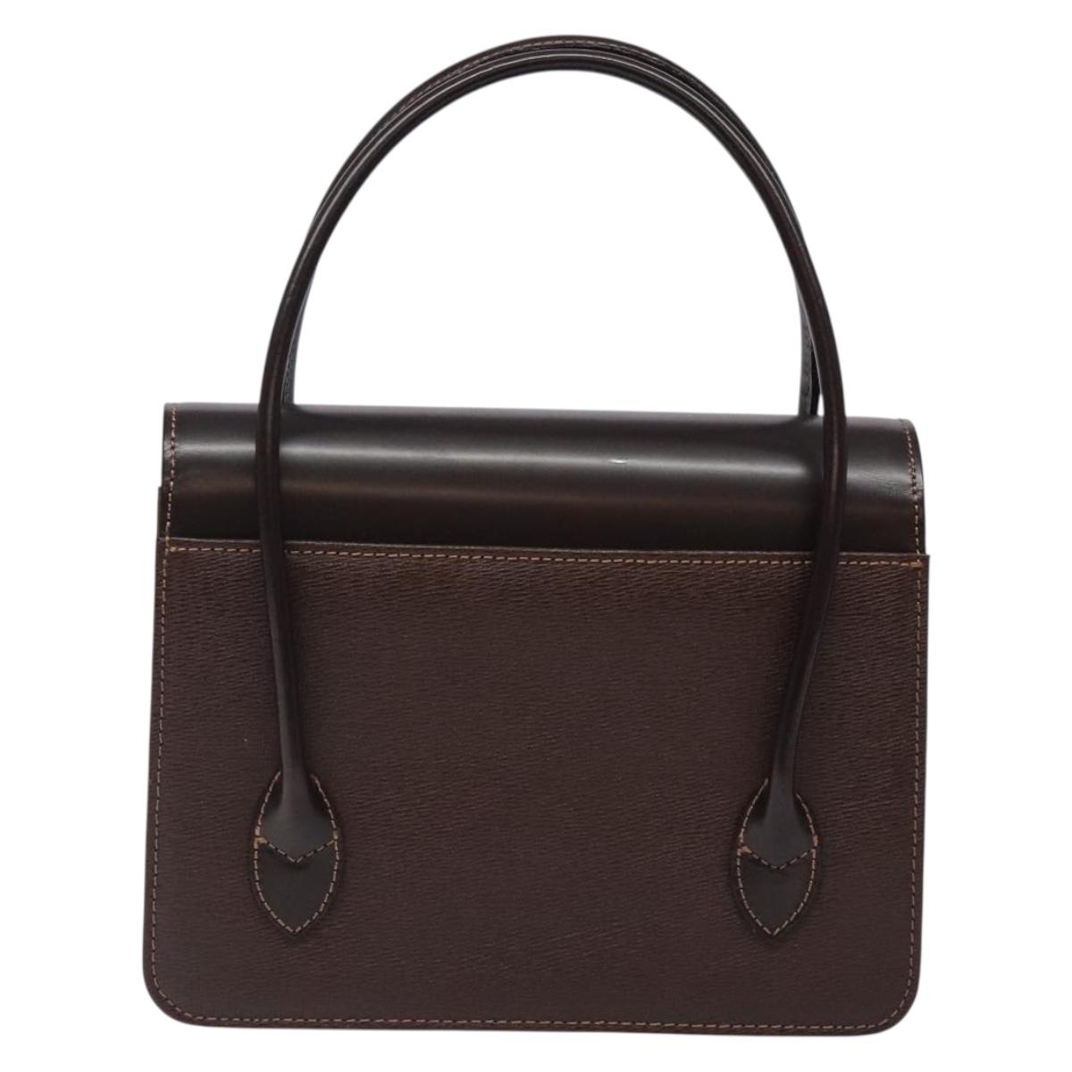 Burberrys Hand Bag Leather Dark Brown Gold Auth BA4181