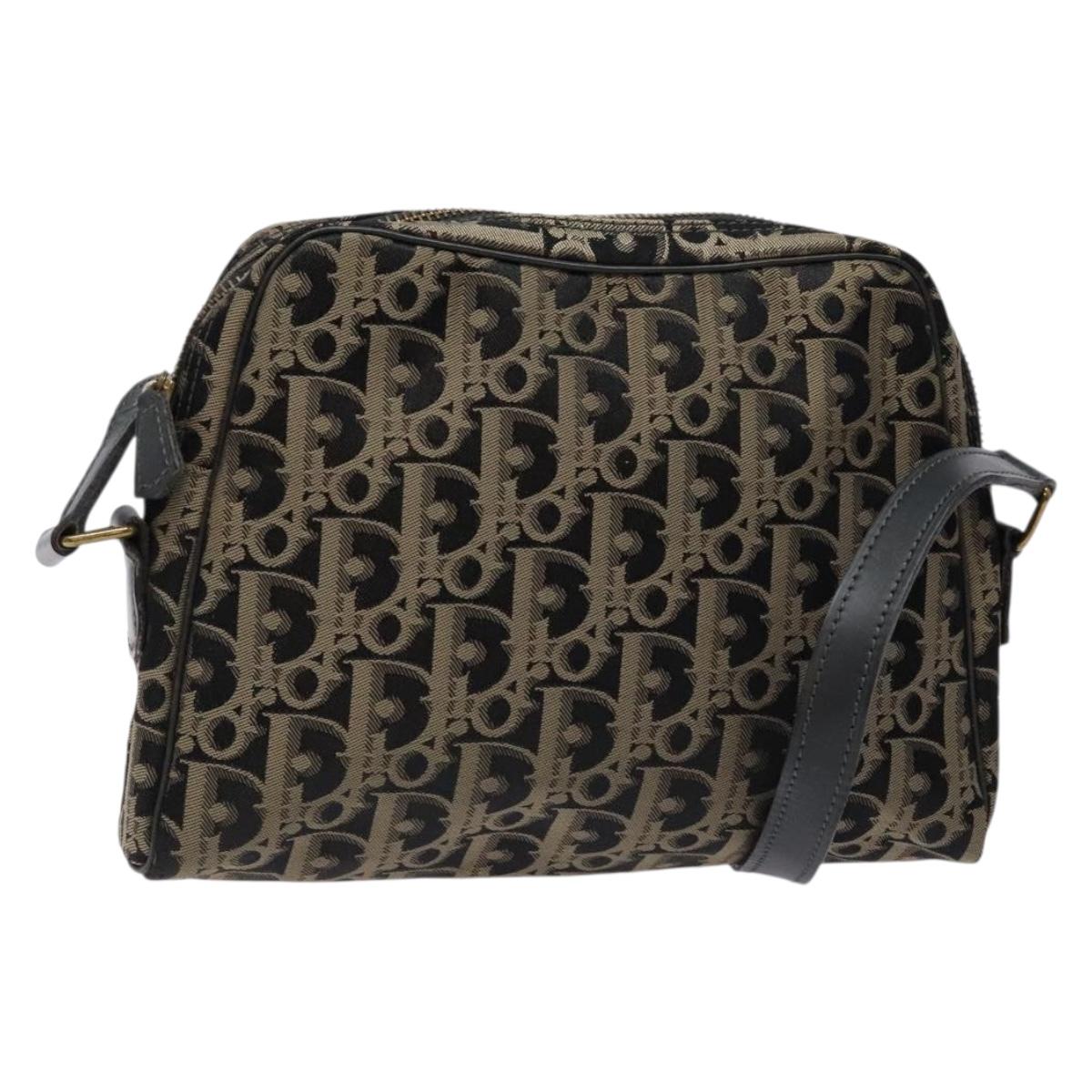 Christian Dior Trotter Canvas Shoulder Bag Black Gold Auth BA4192