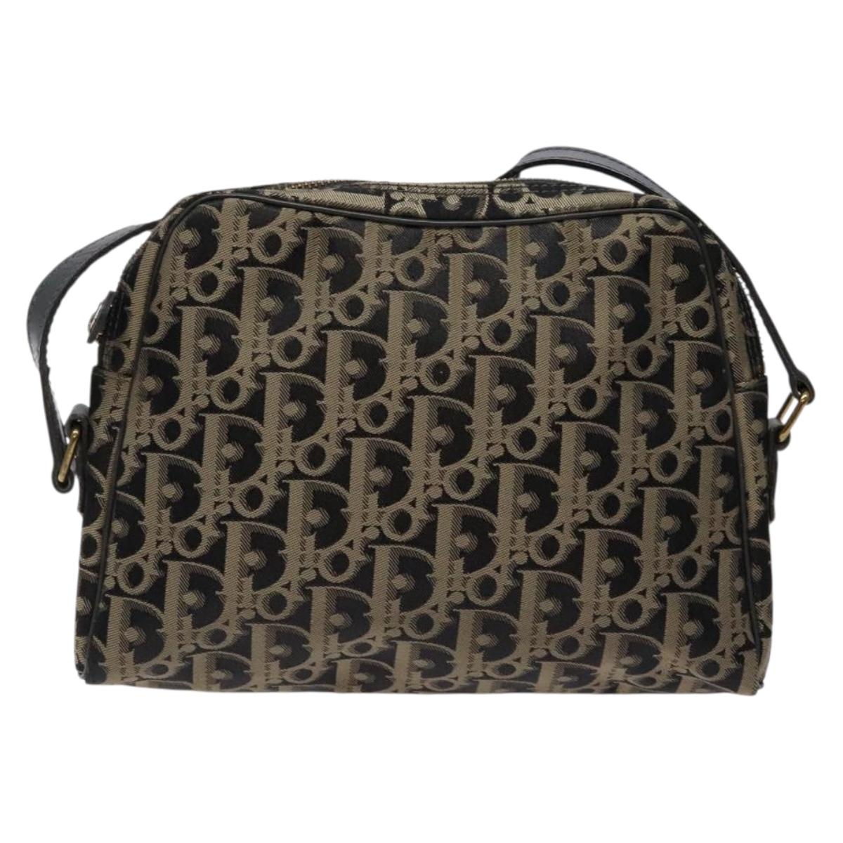 Christian Dior Trotter Canvas Shoulder Bag Black Gold Auth BA4192