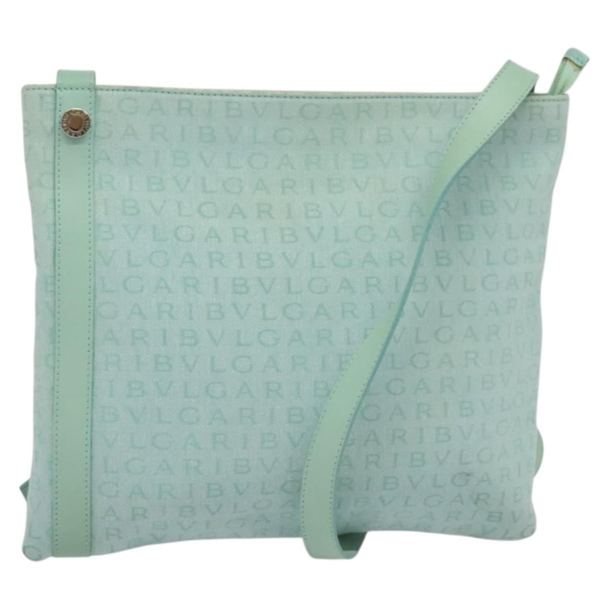 BVLGARI Logo Mania Shoulder Bag Canvas Green Silver Auth BA4215