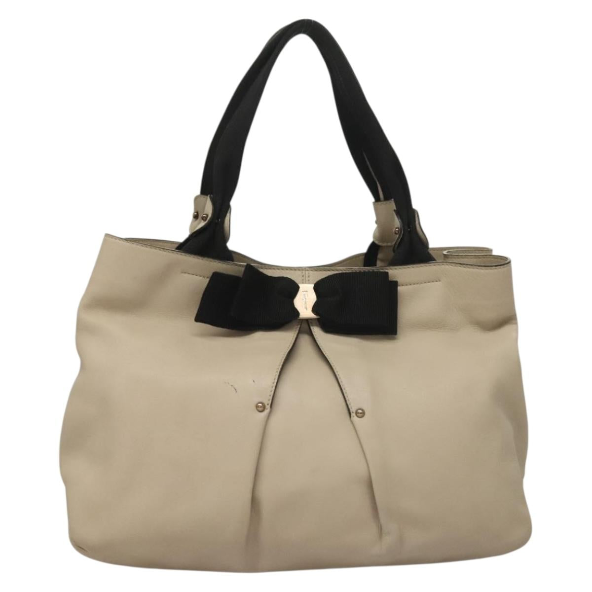 Salvatore Ferragamo Vala Tote Bag Leather Beige Silver Auth BA4217