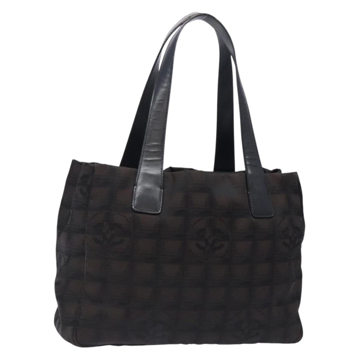 CHANEL New Travel Line Tote Bag Nylon Dark Brown Black CC Auth BA4258