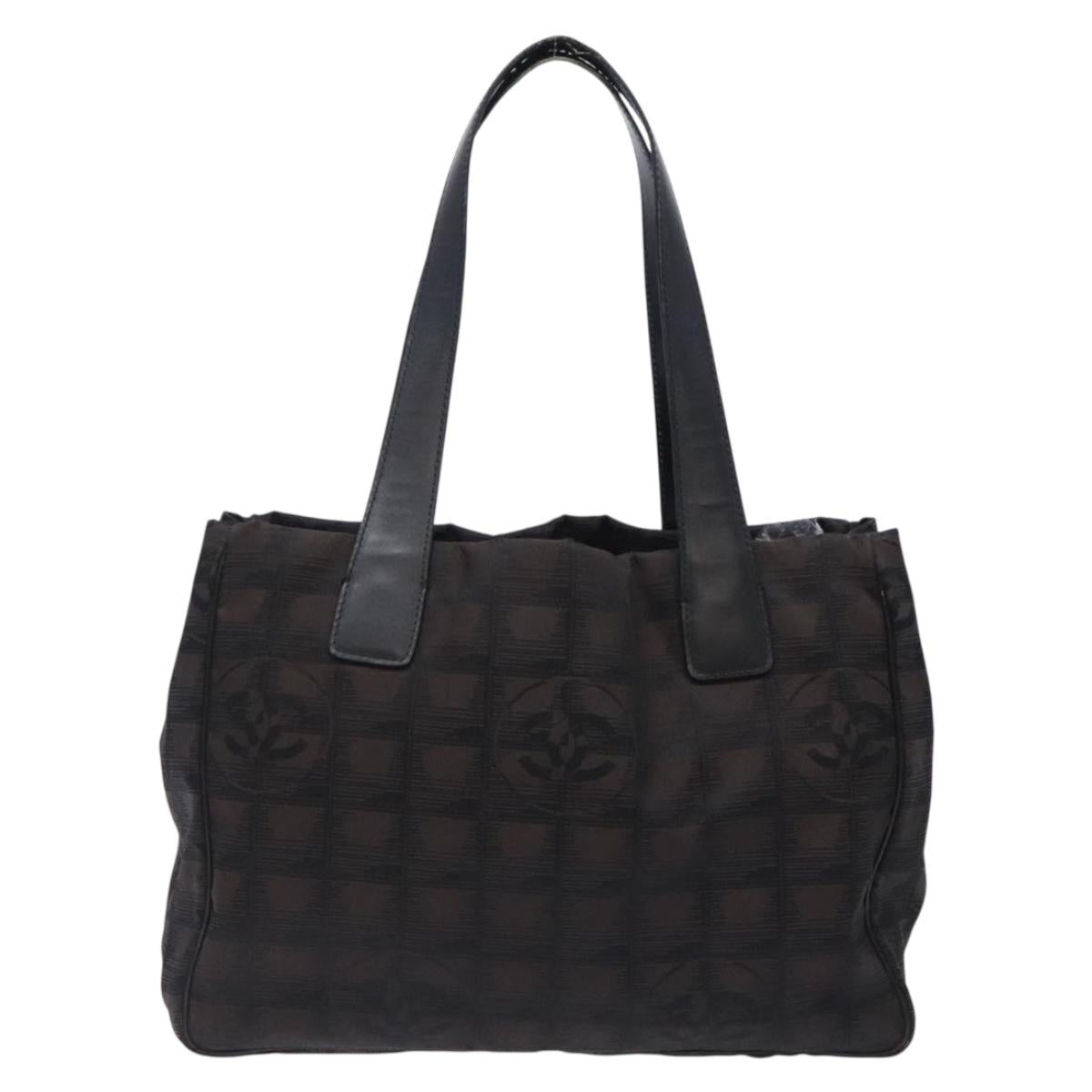 CHANEL New Travel Line Tote Bag Nylon Dark Brown Black CC Auth BA4258