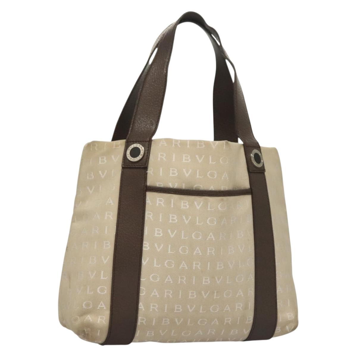 BVLGARI Logo Mania Tote Bag Canvas Beige Silver Auth BA4270