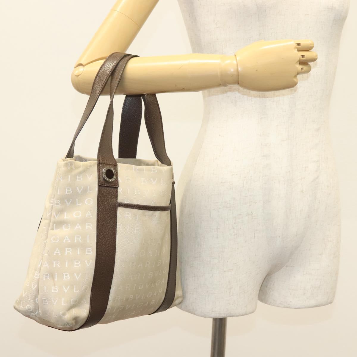 BVLGARI Logo Mania Tote Bag Canvas Beige Silver Auth BA4270