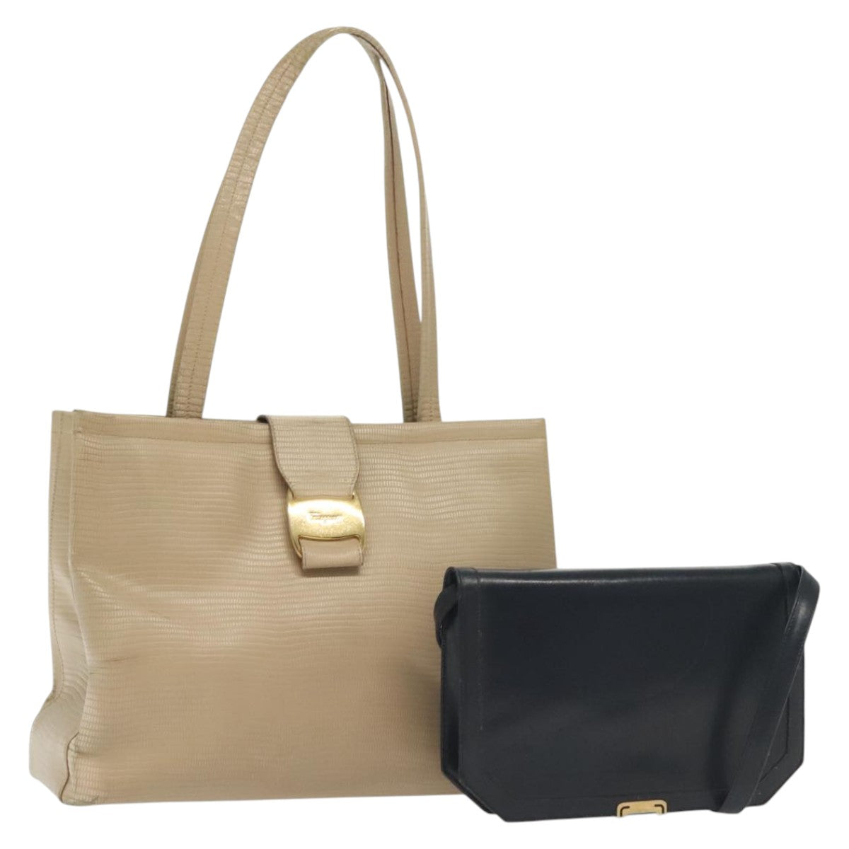 Salvatore Ferragamo Hand Bag Leather 2Set Beige Navy gold Auth BA4283