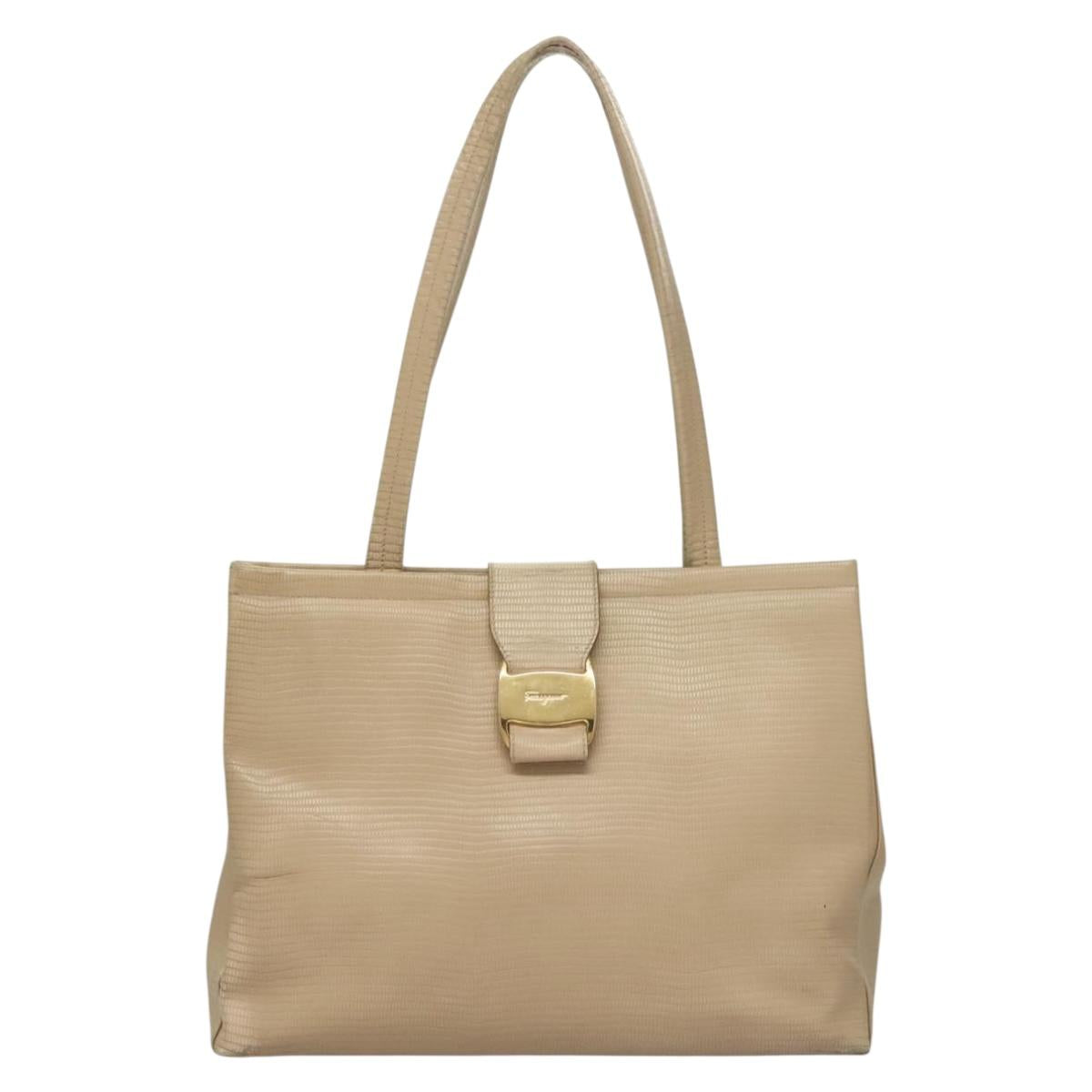 Salvatore Ferragamo Hand Bag Leather 2Set Beige Navy gold Auth BA4283