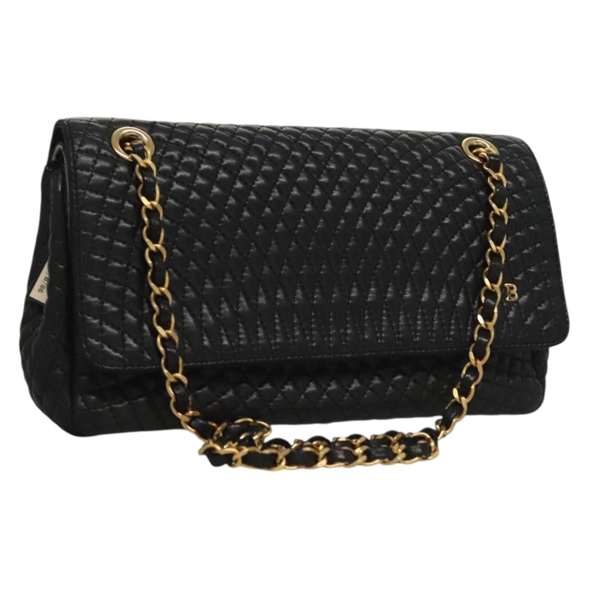 BALLY Quilted Chain Shoulder Bag Leather Black Gold Auth BA4302