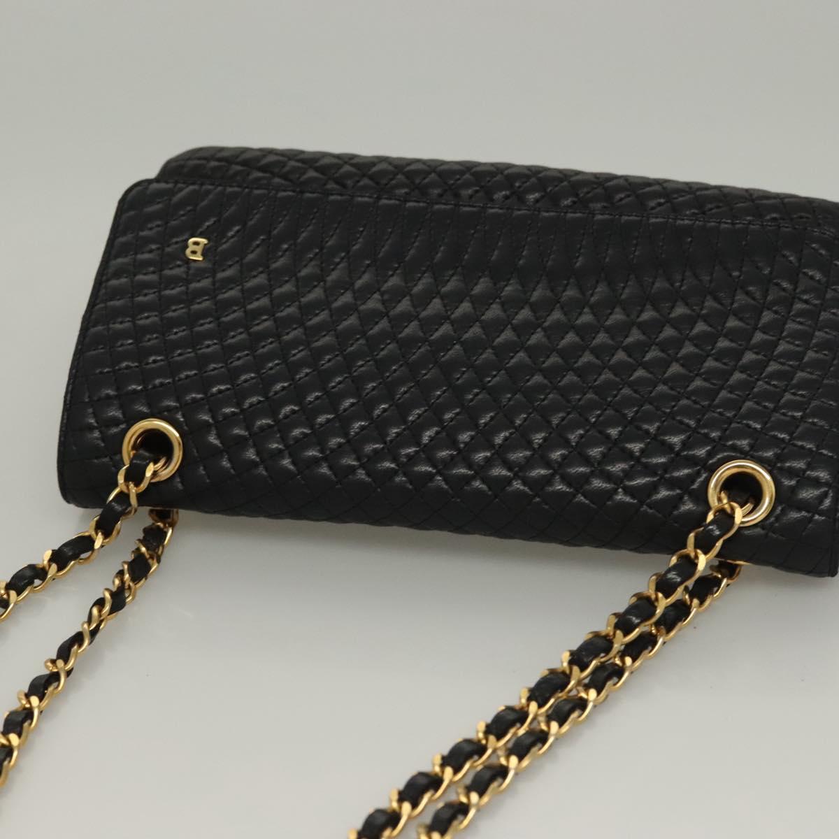 BALLY Quilted Chain Shoulder Bag Leather Black Gold Auth BA4302