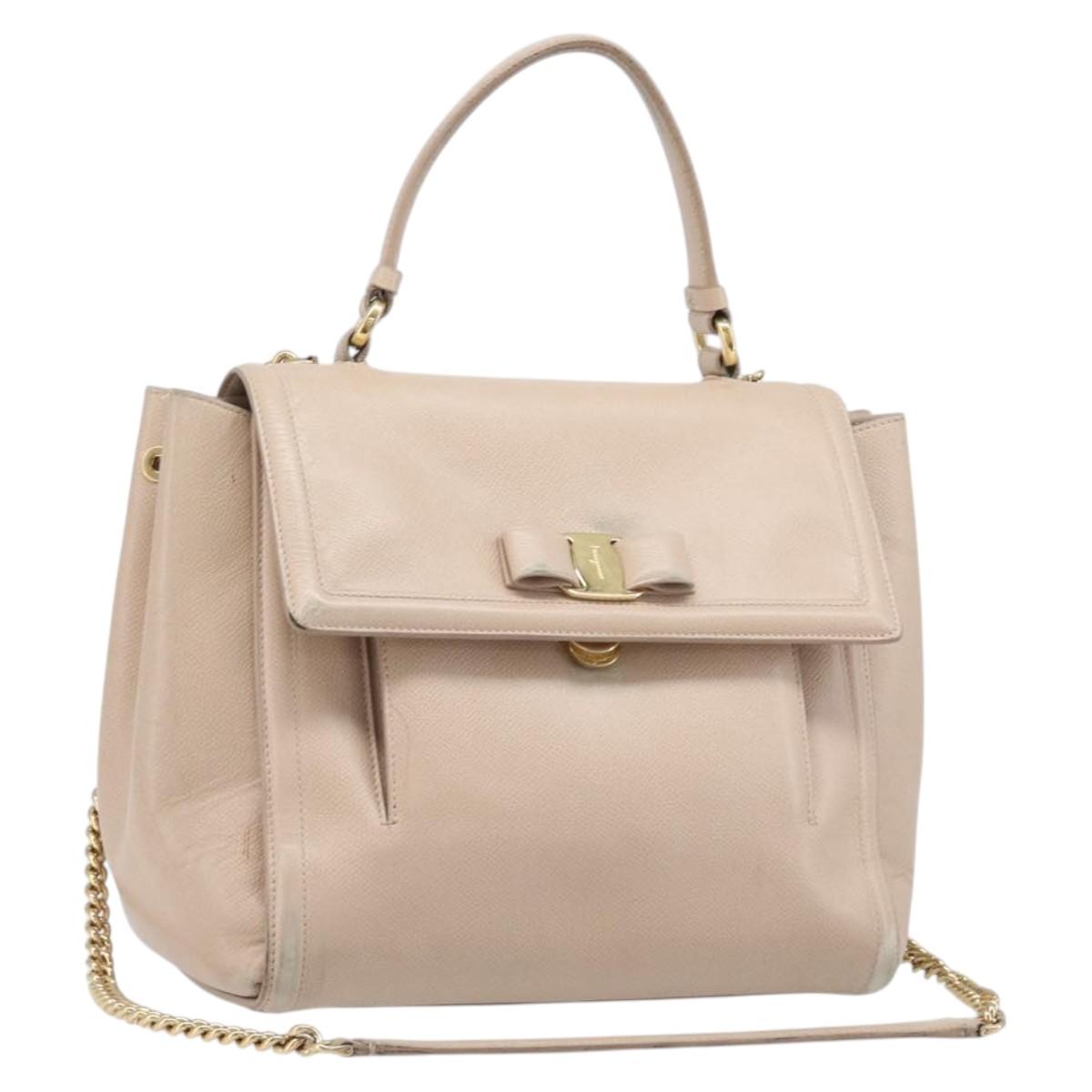 Salvatore Ferragamo Vala Hand Bag Leather 2way Beige Gold Auth BA4303