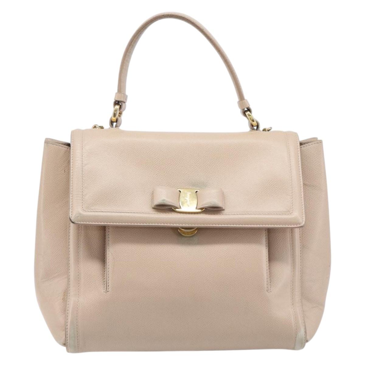 Salvatore Ferragamo Vala Hand Bag Leather 2way Beige Gold Auth BA4303