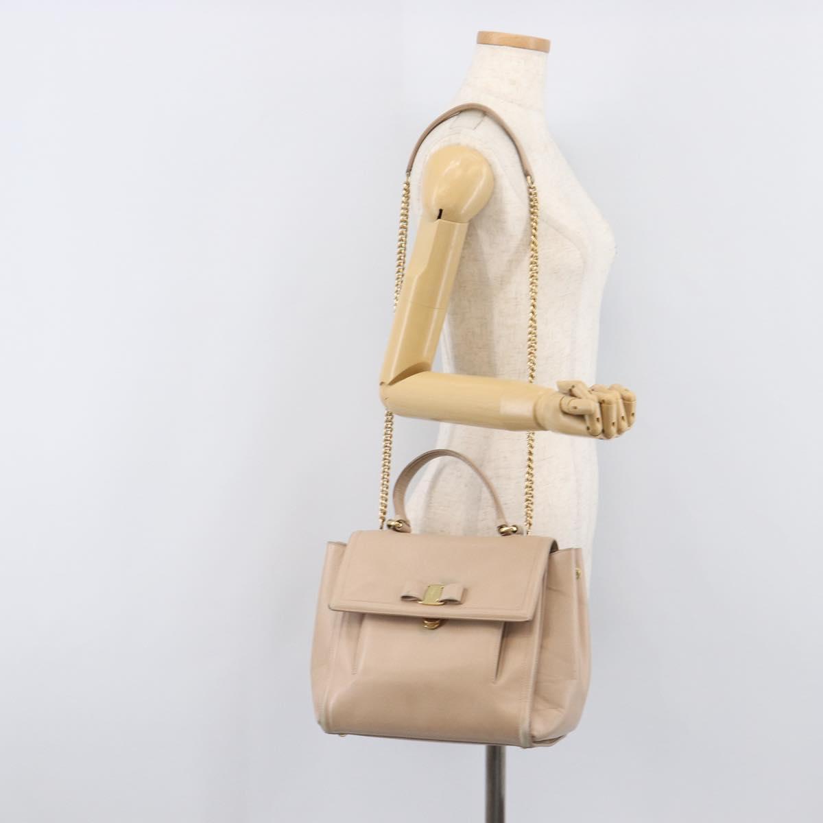 Salvatore Ferragamo Vala Hand Bag Leather 2way Beige Gold Auth BA4303