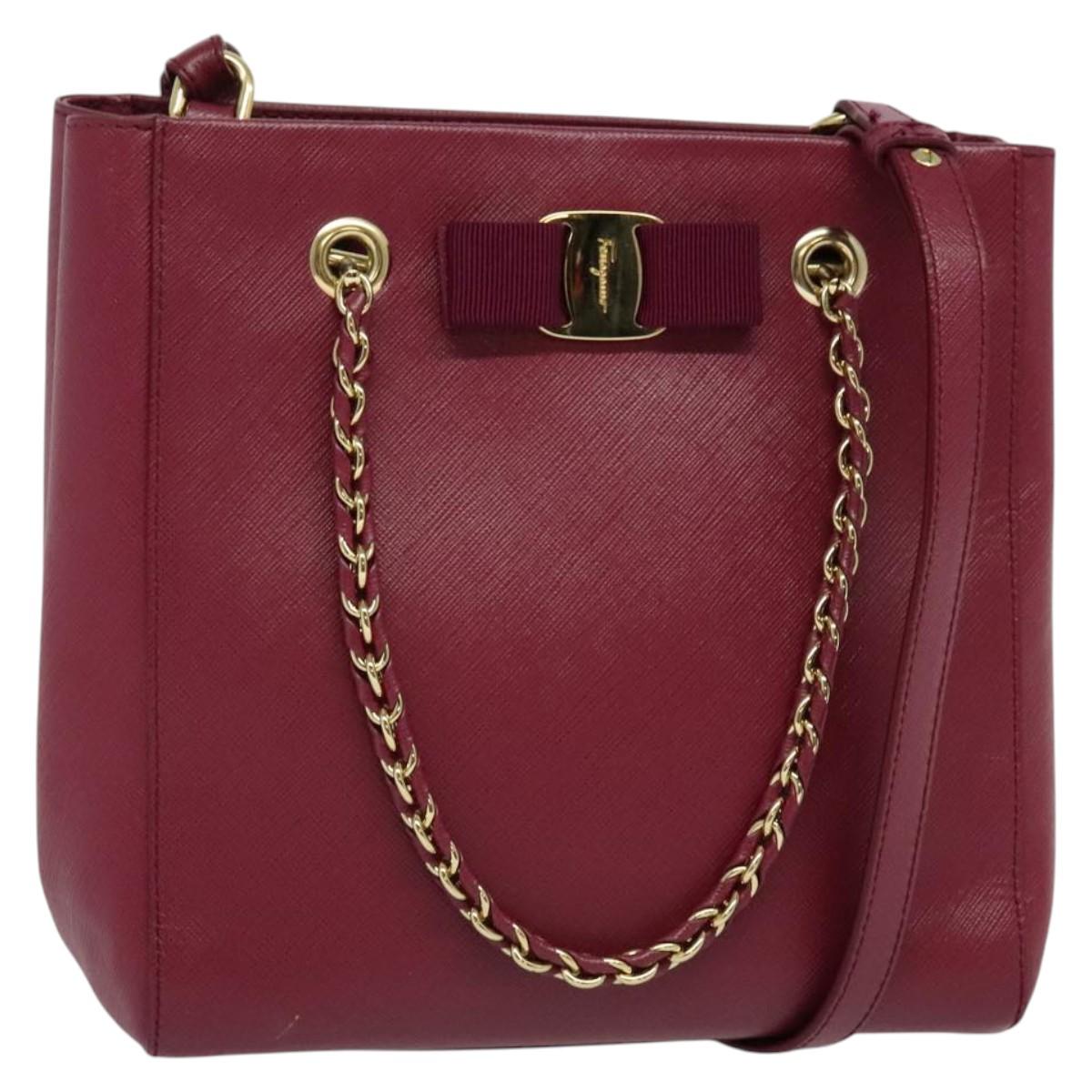 Salvatore Ferragamo Chain Vala Hand Bag Leather Pink Gold Auth BA4315