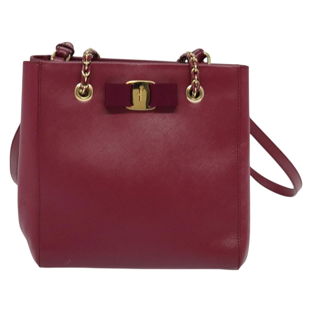 Salvatore Ferragamo Chain Vala Hand Bag Leather Pink Gold Auth BA4315