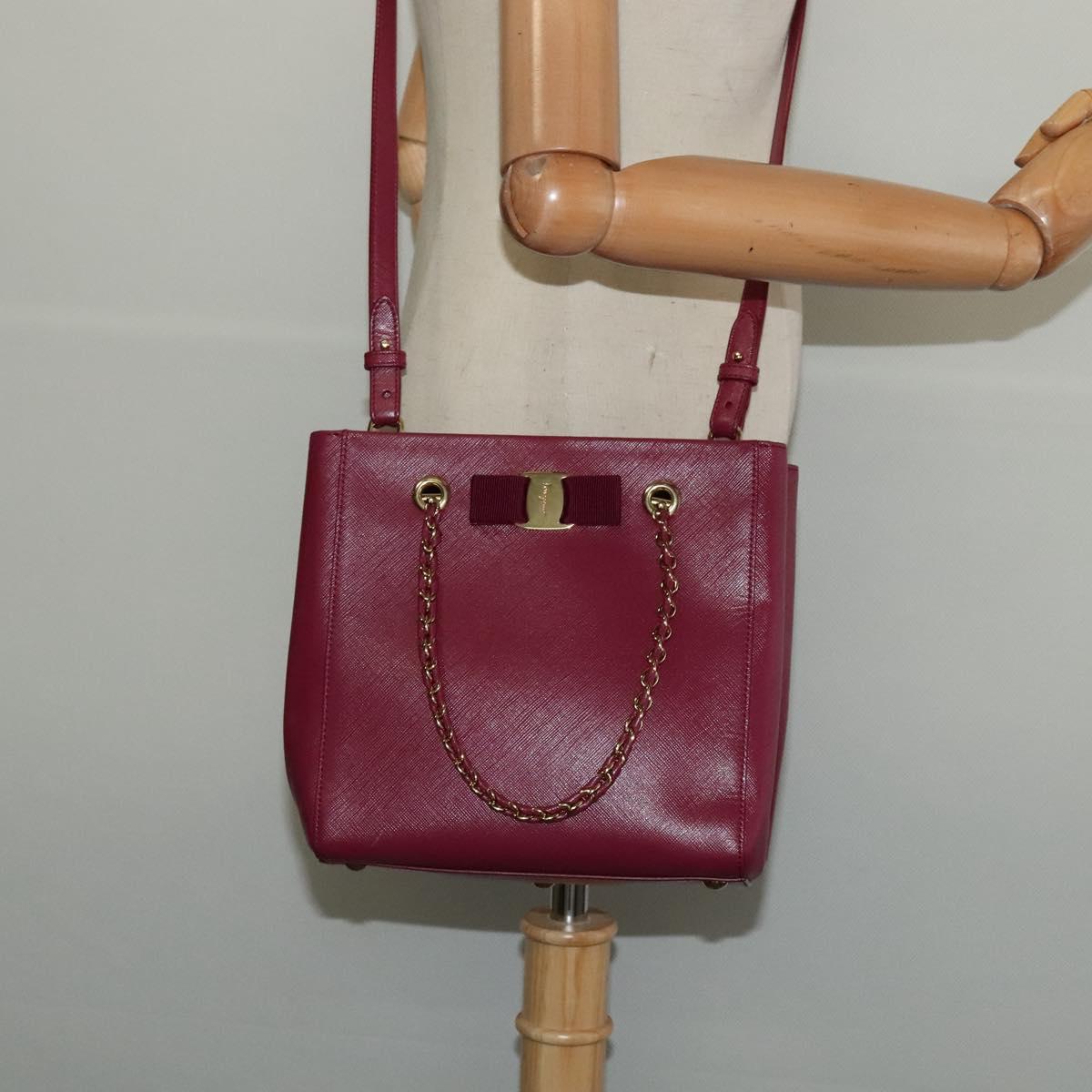 Salvatore Ferragamo Chain Vala Hand Bag Leather Pink Gold Auth BA4315