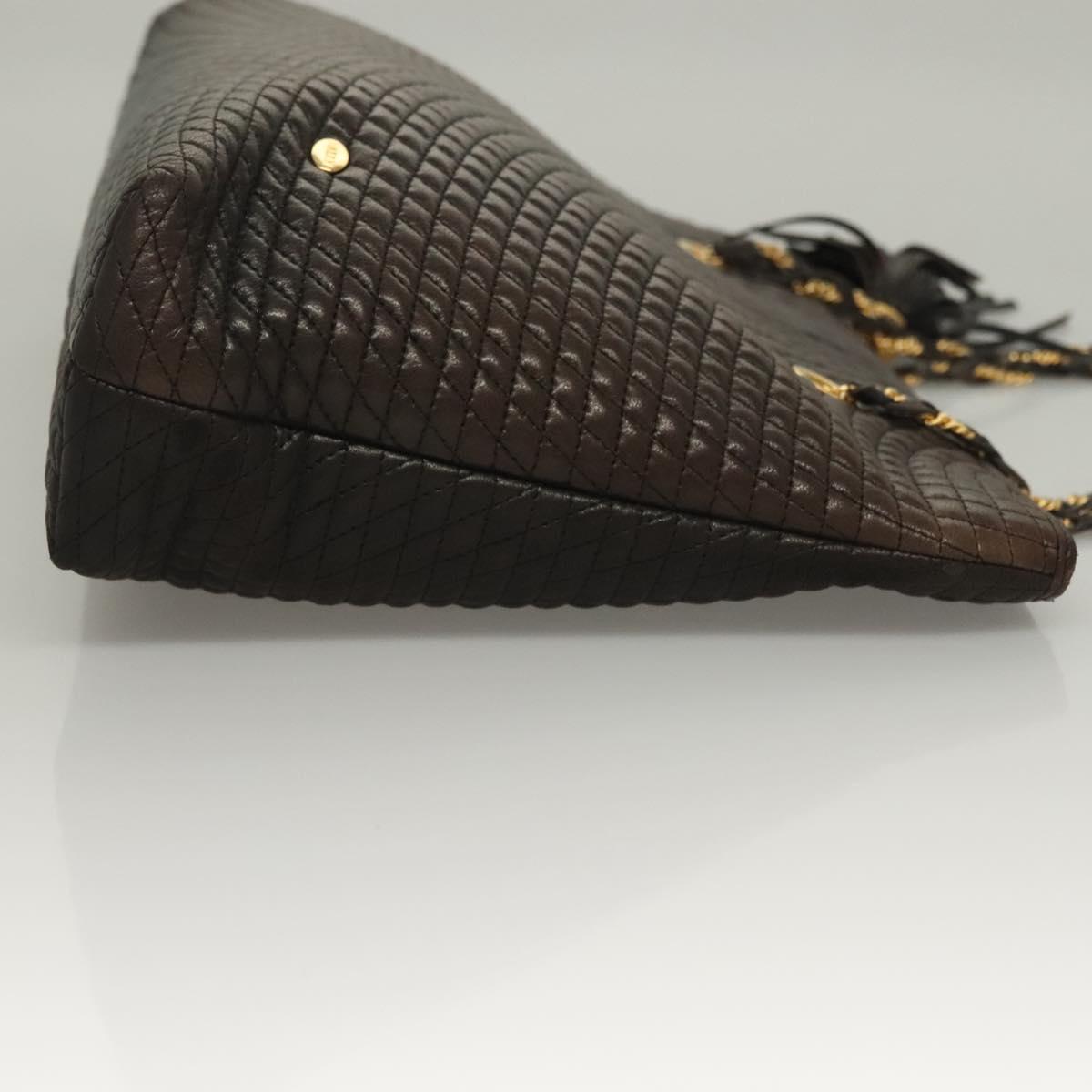 BALLY Quilted Chain Shoulder Bag Leather Dark Brown Gold Auth BA4324