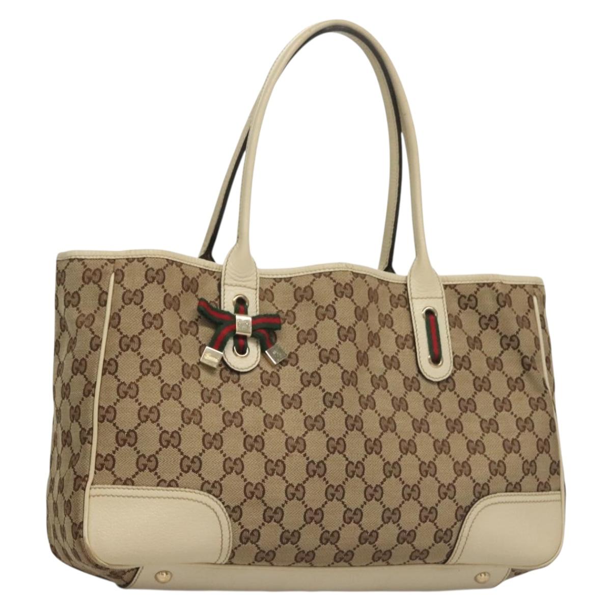GUCCI GG Canvas Web Sherry Line Pretty Tote Bag Beige Gold 163805 Auth BA4357